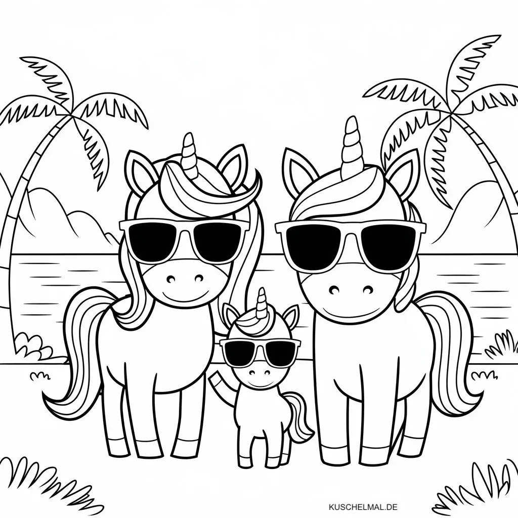 Einhorn Familie in Urlaub - Kostenloses Einhorn Ausmalbild für Kinder zum Ausdrucken