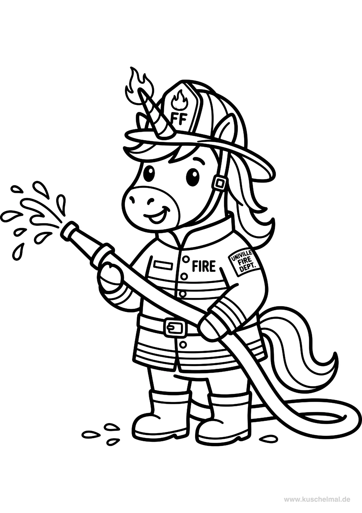 Unicorno Pompiere - Disegno di Unicorno da colorare gratis per bambini da stampare