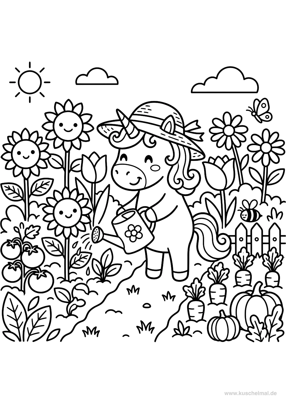 Unicorno Giardiniere - Disegno di Unicorno da colorare gratis per bambini da stampare