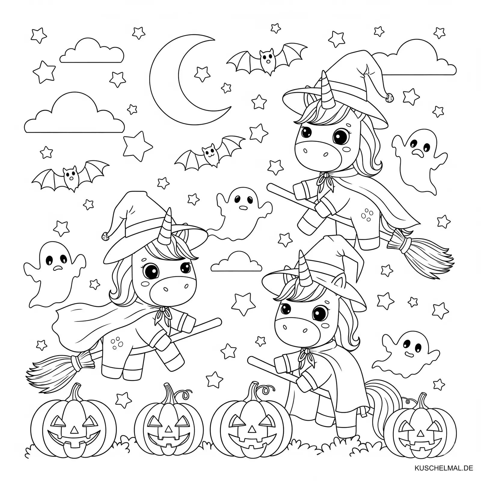 Einhörner Halloween Malvorlage - Kostenloses Halloween Ausmalbild für Kinder zum Ausdrucken
