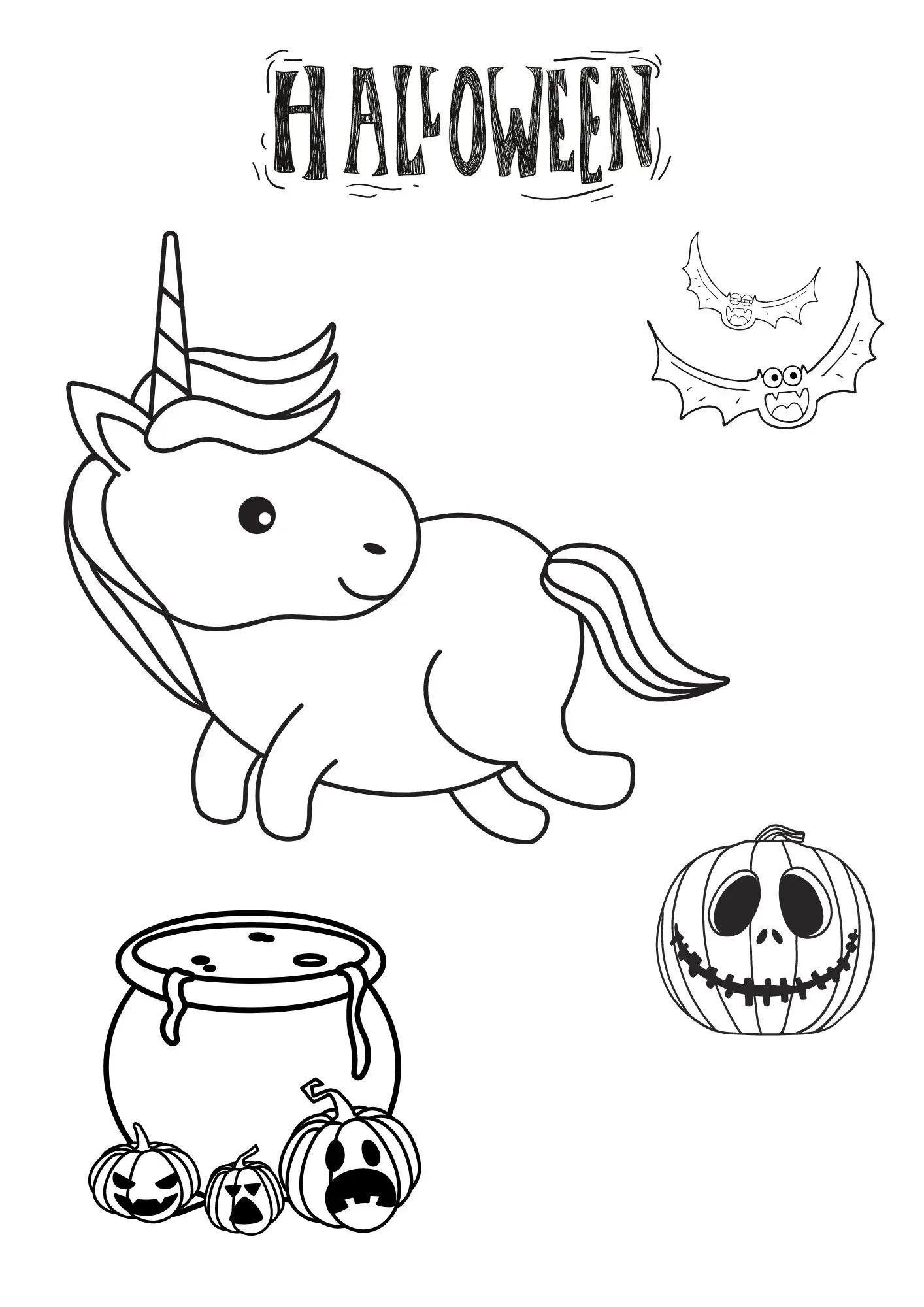Einhorn Halloween - Kostenloses Herbst Ausmalbild für Kinder zum Ausdrucken