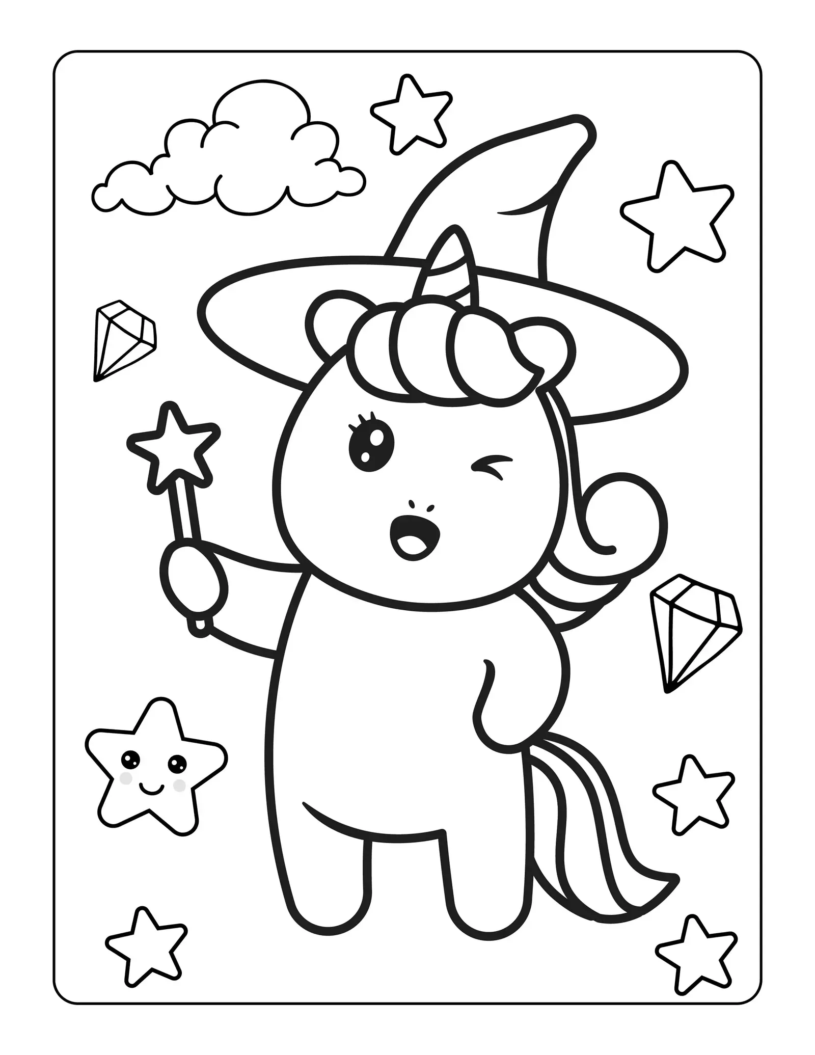 Einhorn Hexe - Kostenloses Herbst Ausmalbild für Kinder zum Ausdrucken