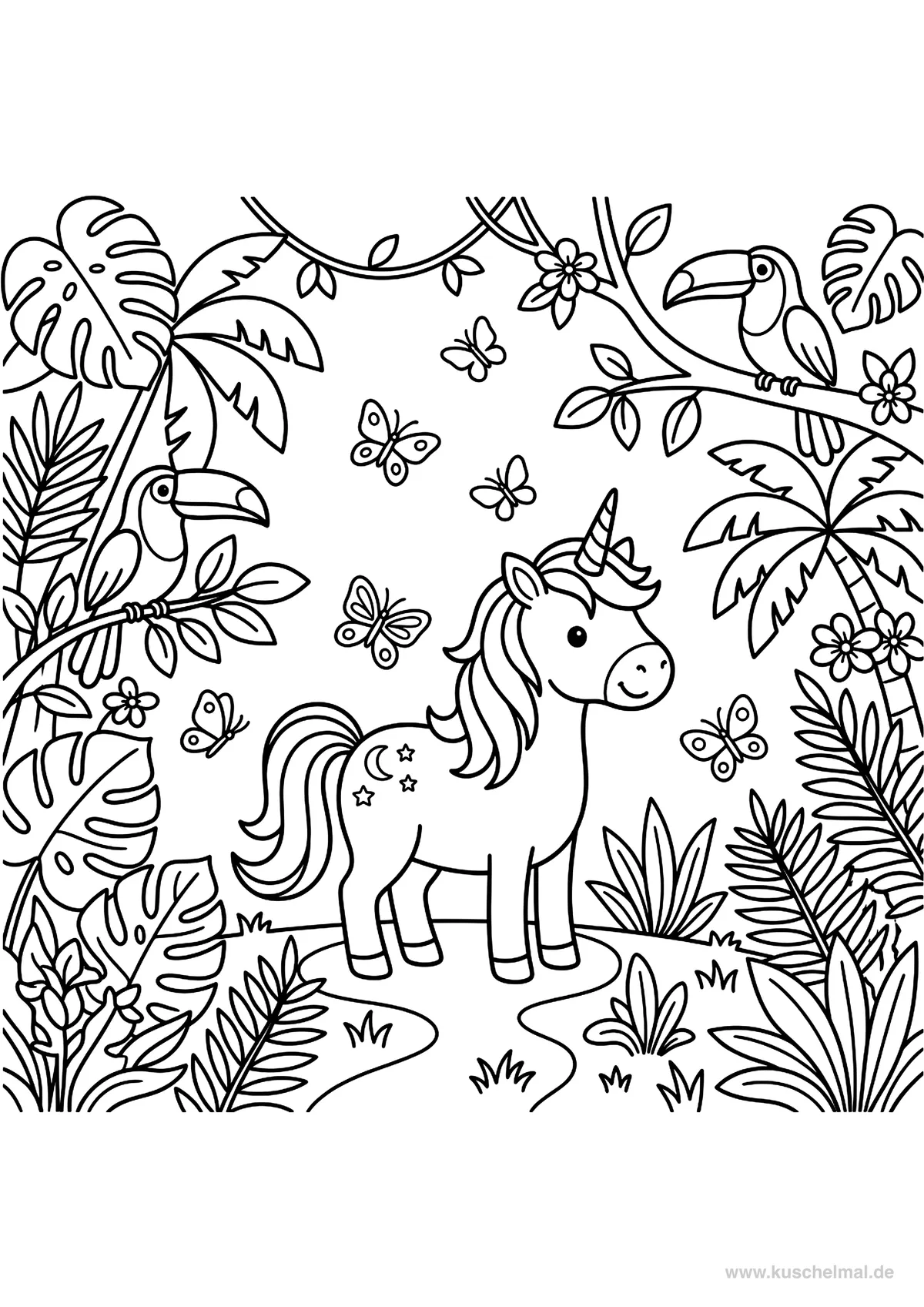 Unicorno nella Foresta Pluviale - Disegno di Unicorno da colorare gratis per bambini da stampare