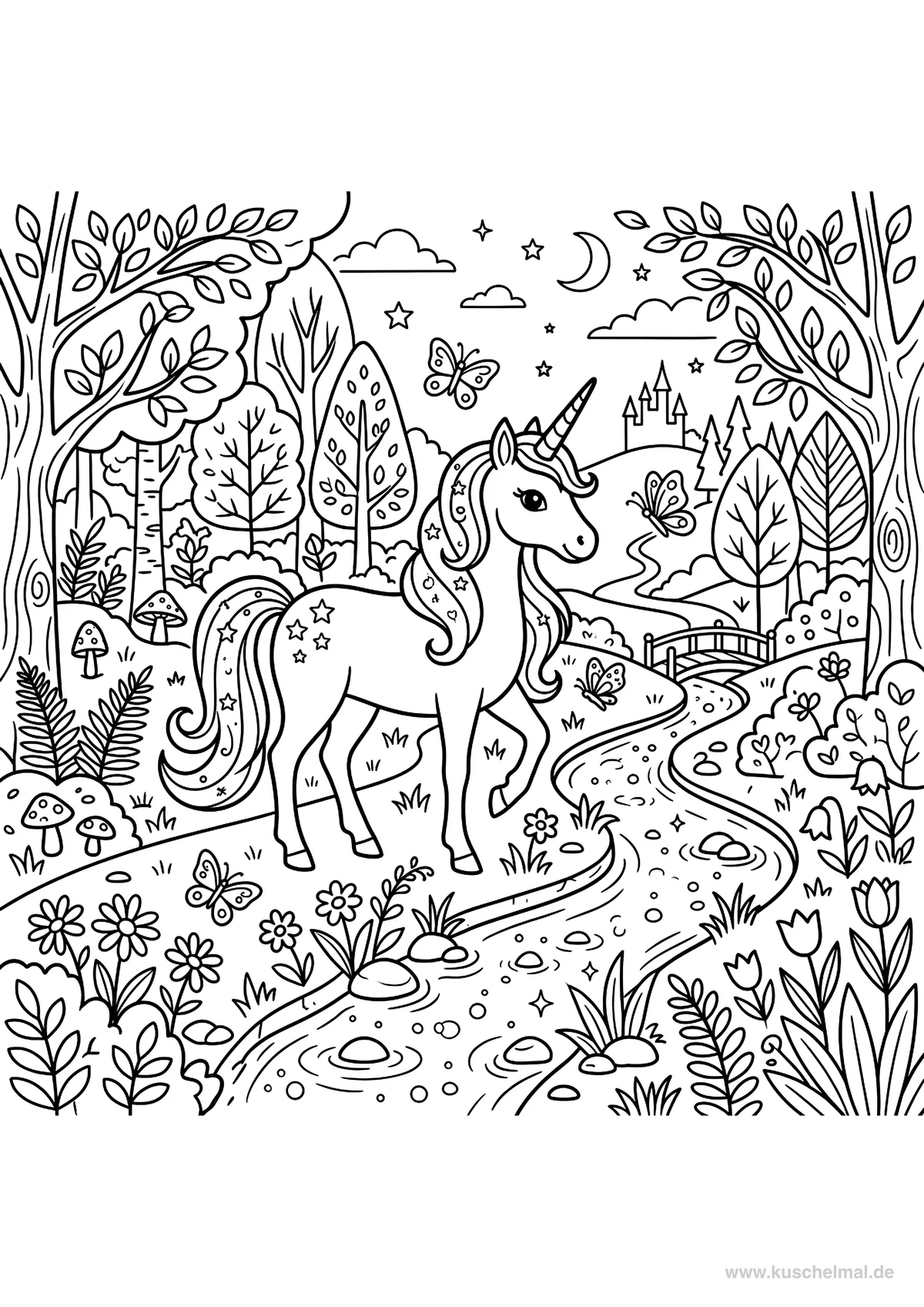Unicorno nel Bosco Magico - Disegno di Unicorno da colorare gratis per bambini da stampare
