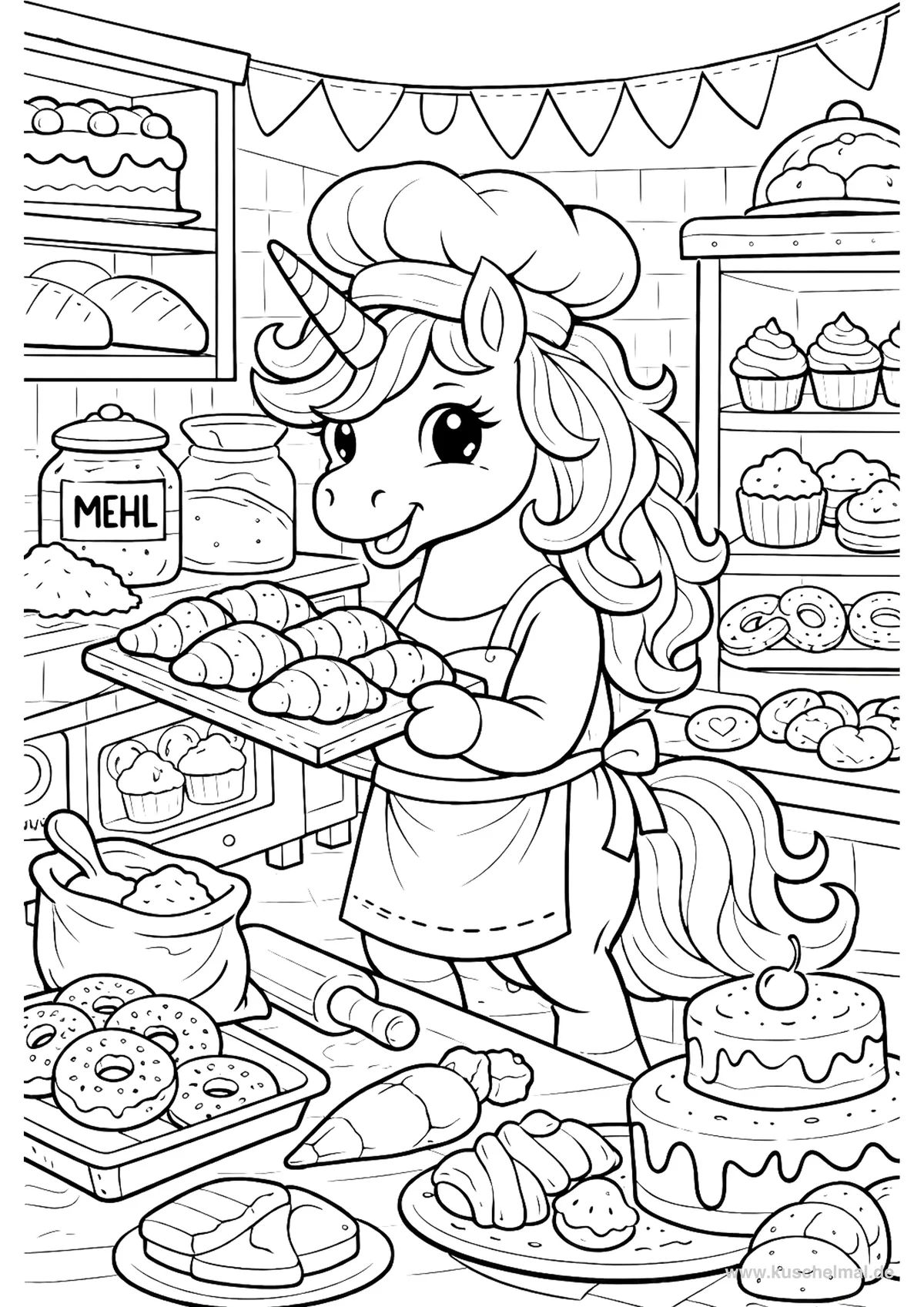 Unicorno in Pasticceria - Disegno di Unicorno da colorare gratis per bambini da stampare