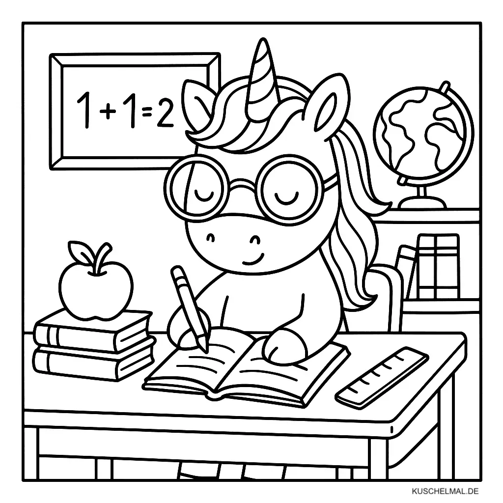Einhorn in der Schule - Kostenloses Einhorn Ausmalbild für Kinder zum Ausdrucken und Ausmalen