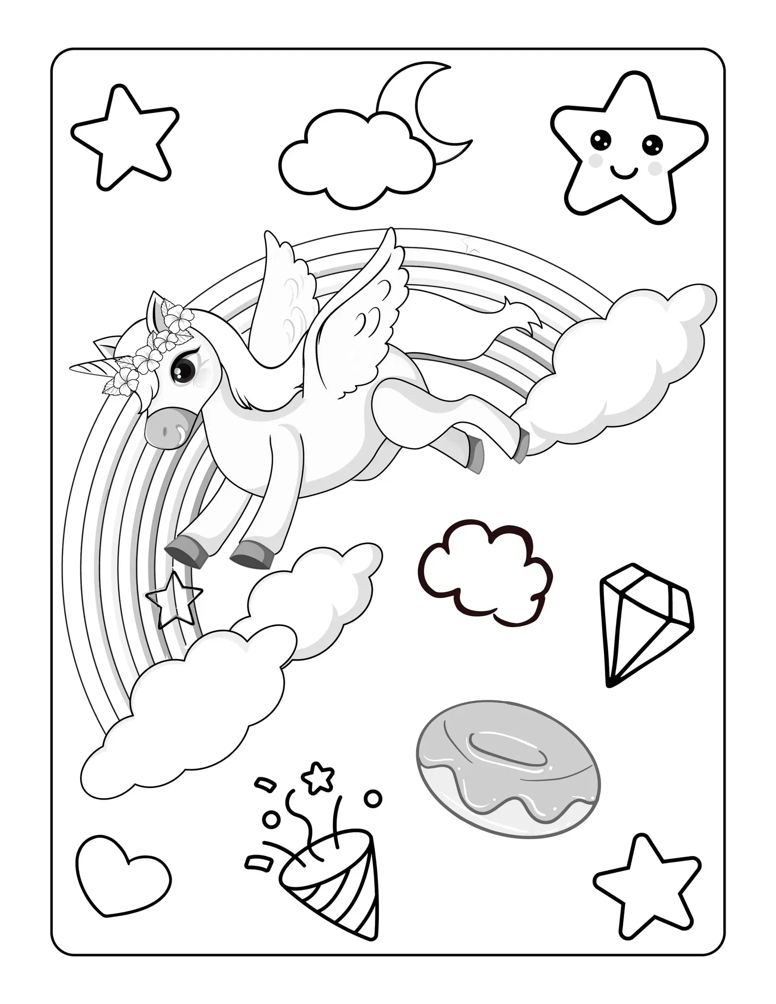 Einhorn mit Flügeln - Kostenloses Einhorn Ausmalbild für Kinder zum Ausdrucken