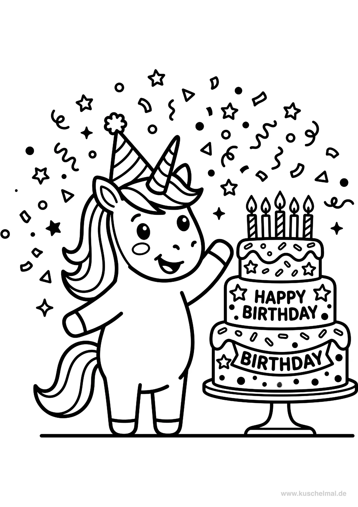 Unicorno con Torta di Compleanno - Disegno di Unicorno da colorare gratis per bambini da stampare