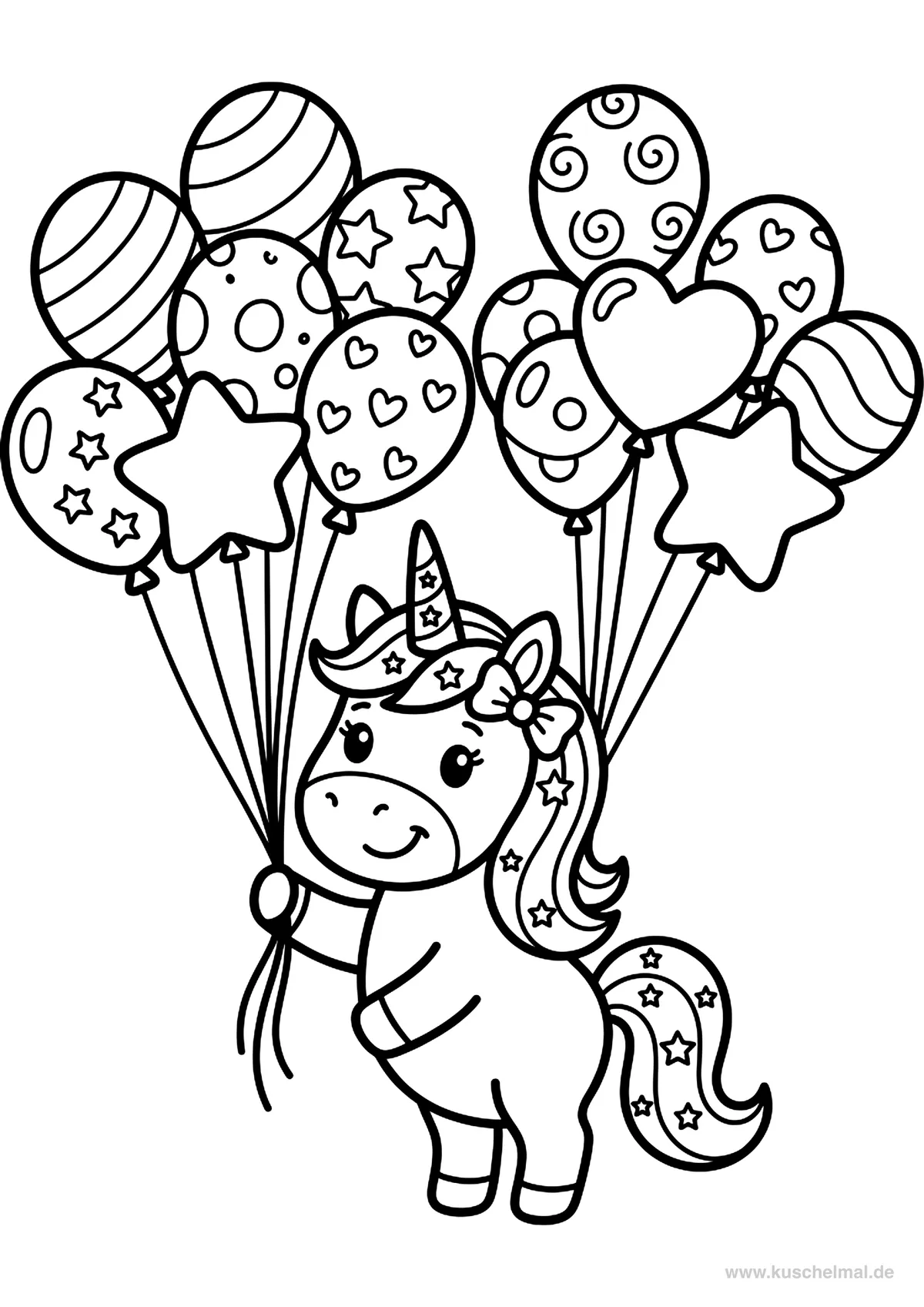 Unicorno con Palloncini 2 - Disegno di Unicorno da colorare gratis per bambini da stampare