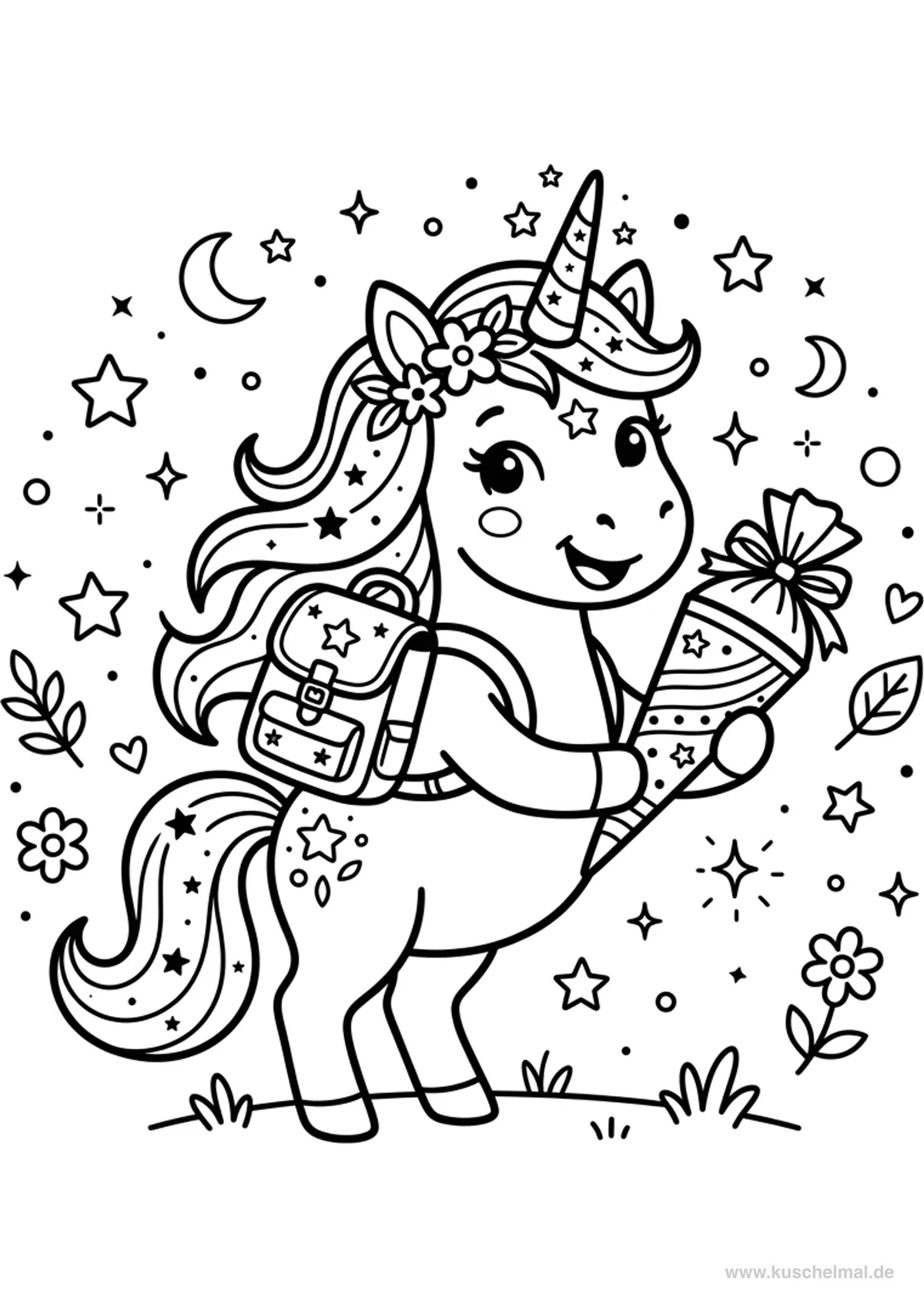 Einhorn mit Schultüte und Schulranzen - Kostenloses Einhorn Ausmalbild für Kinder zum Ausdrucken