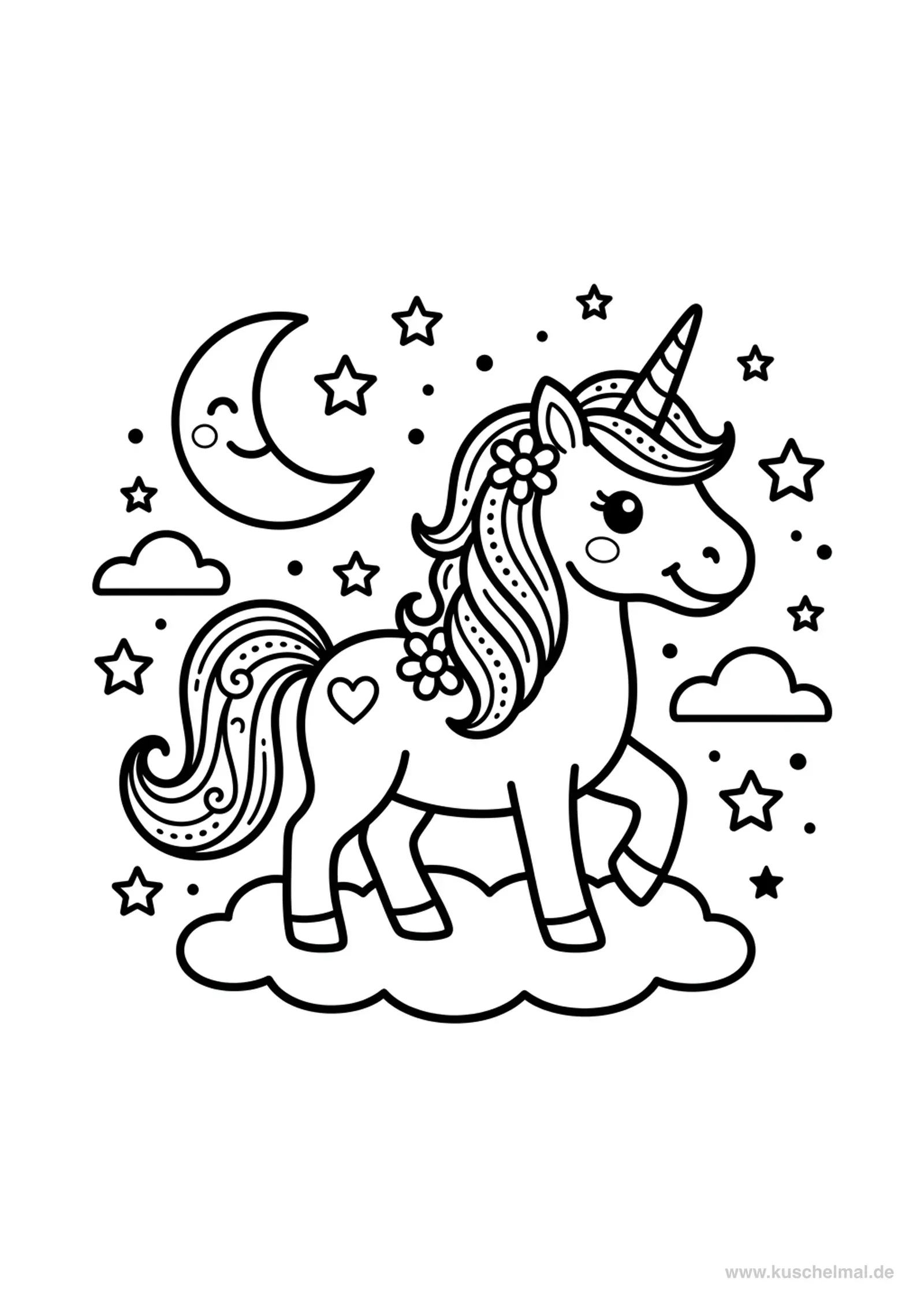 Einhorn mit Sternen und Mond - Kostenloses Einhorn Ausmalbild für Kinder zum Ausdrucken