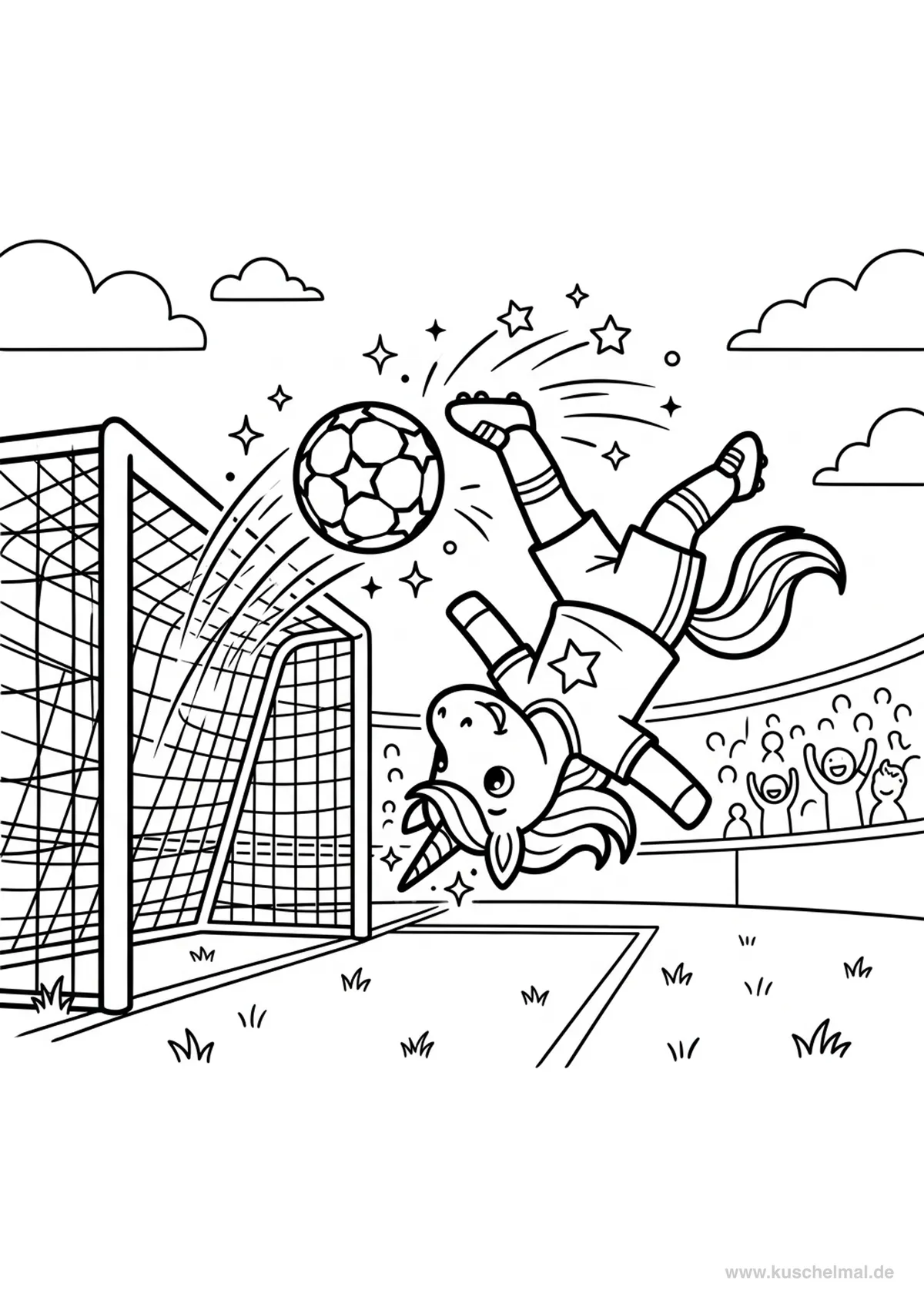 Einhorn schiesst ein Tor - Kostenloses Fußball Ausmalbild für Kinder zum Ausdrucken