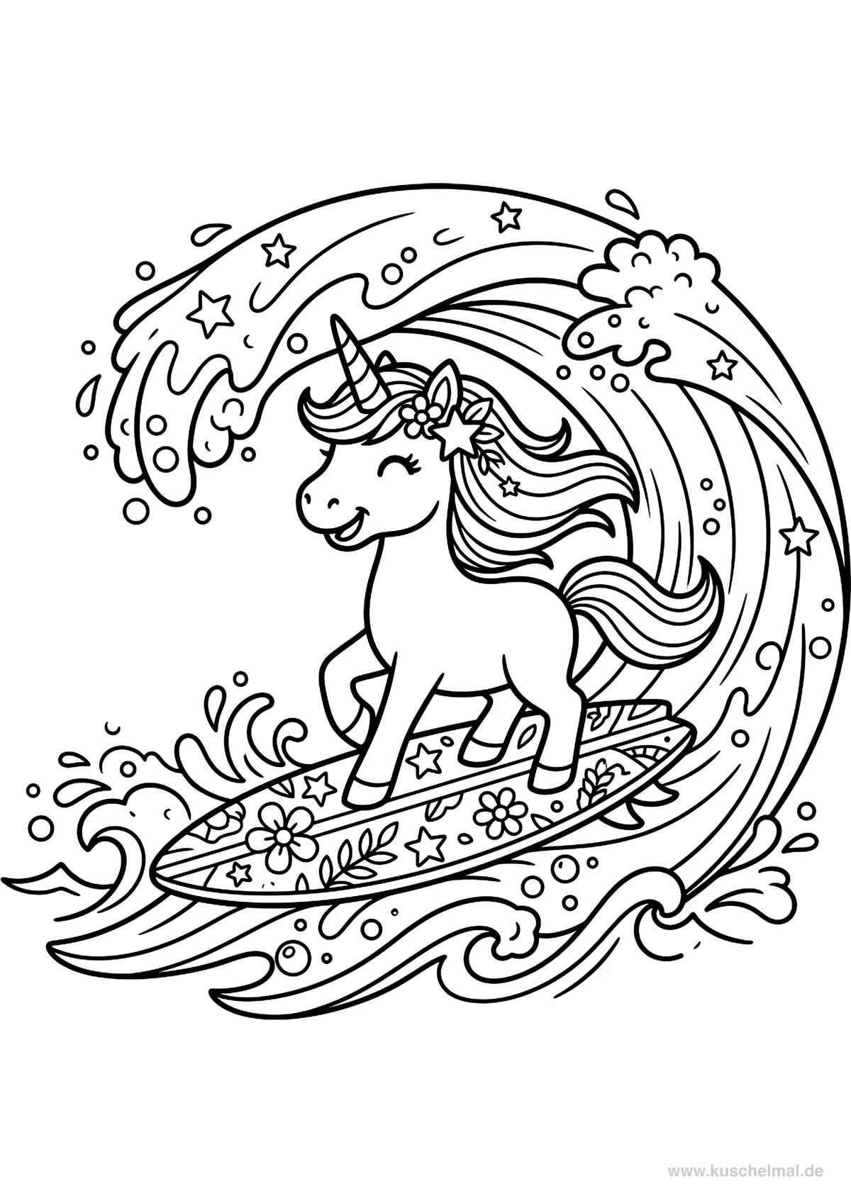 Unicorno Surfista - Disegno di Unicorno da colorare gratis per bambini da stampare