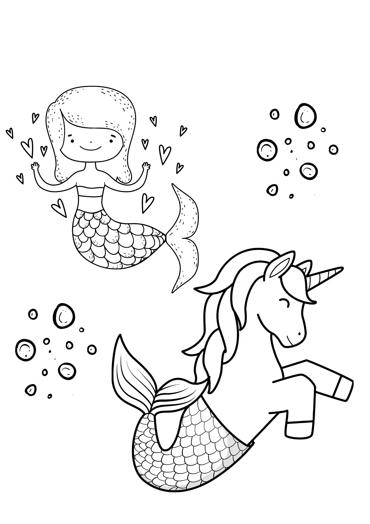 Einhorn und Meerjungfrau - Kostenloses Einhorn Ausmalbild für Kinder zum Ausdrucken