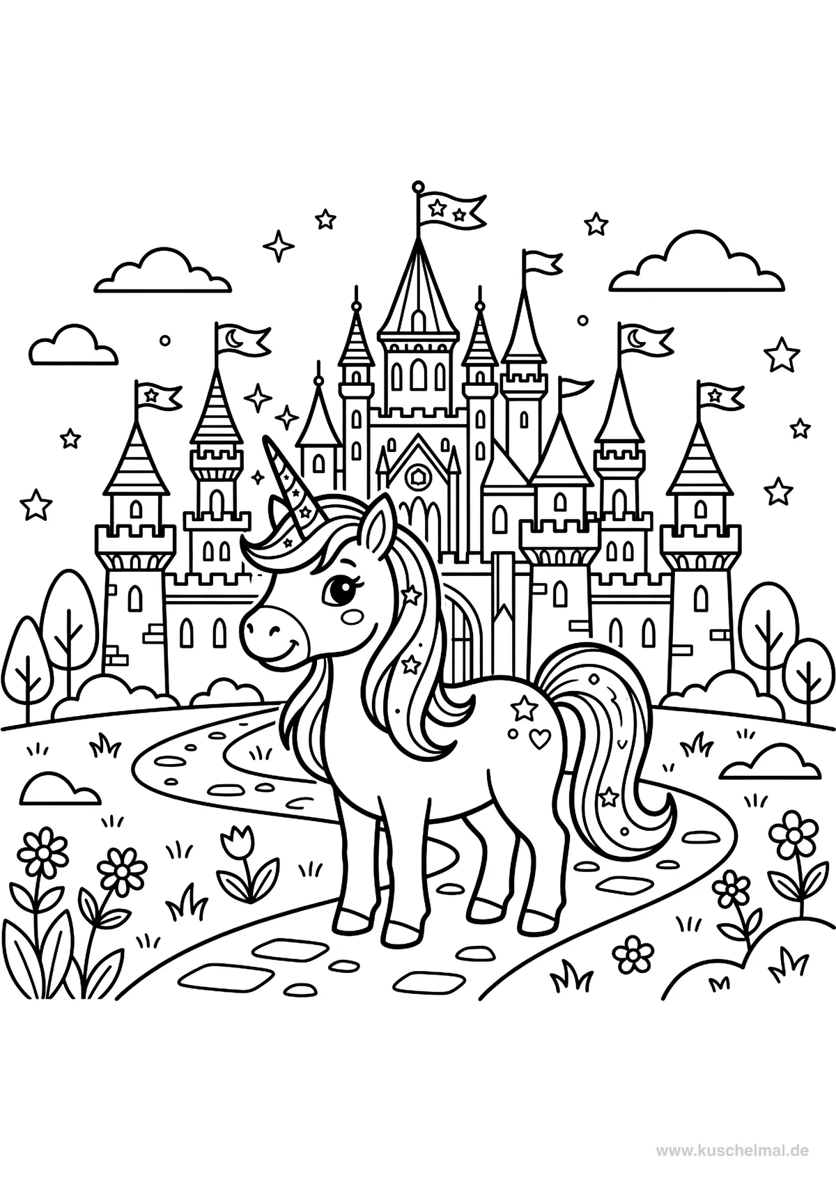 Unicorno davanti al Castello Incantato - Disegno di Unicorno da colorare gratis per bambini da stampare