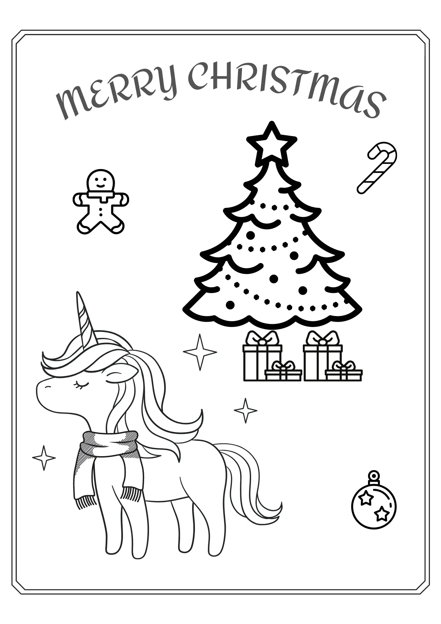 Einhorn Weihnachten - Kostenloses Einhorn Ausmalbild für Kinder zum Ausdrucken