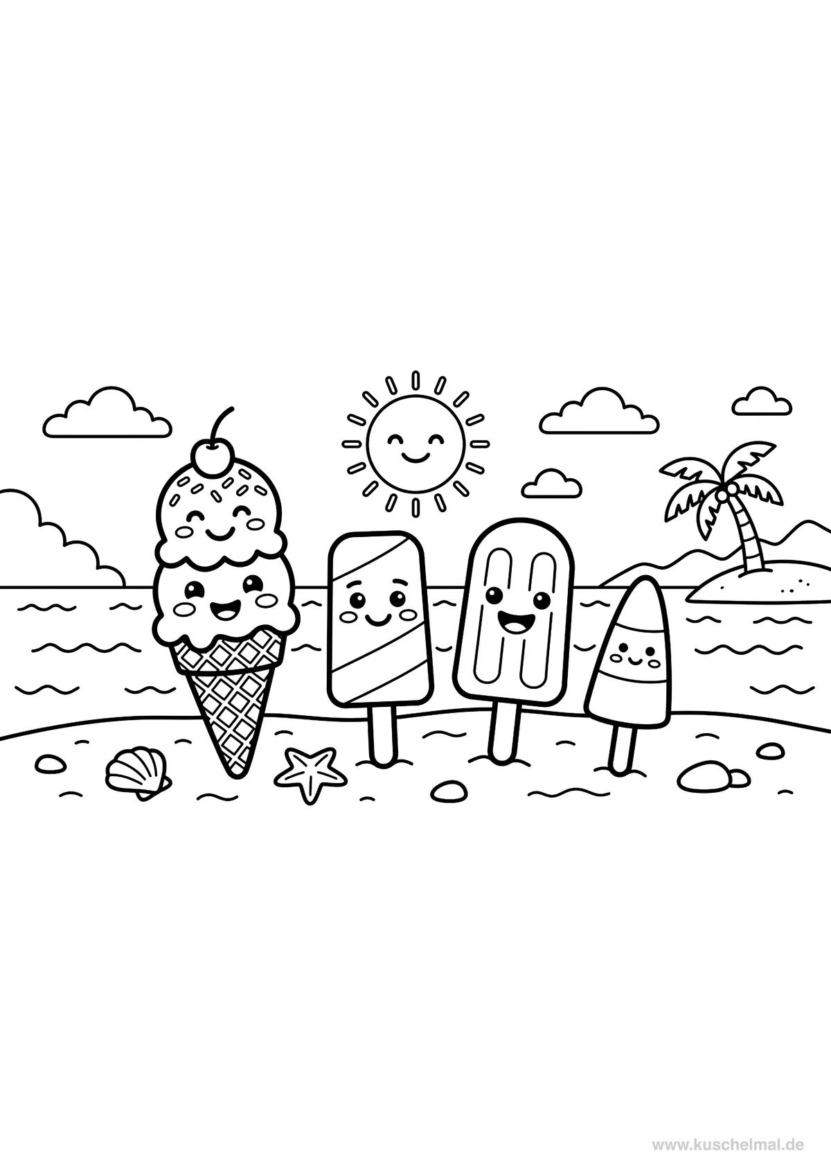 Eis am Strand im Sommer - Kostenloses Sommer Ausmalbild für Kinder zum Ausdrucken