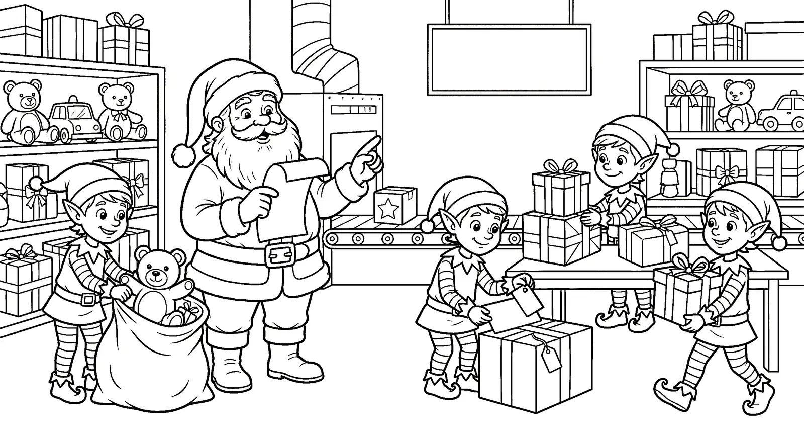 Elfen mit Weihnachtsmann - Kostenloses Weihnachtselfen Ausmalbild für Kinder zum Ausdrucken