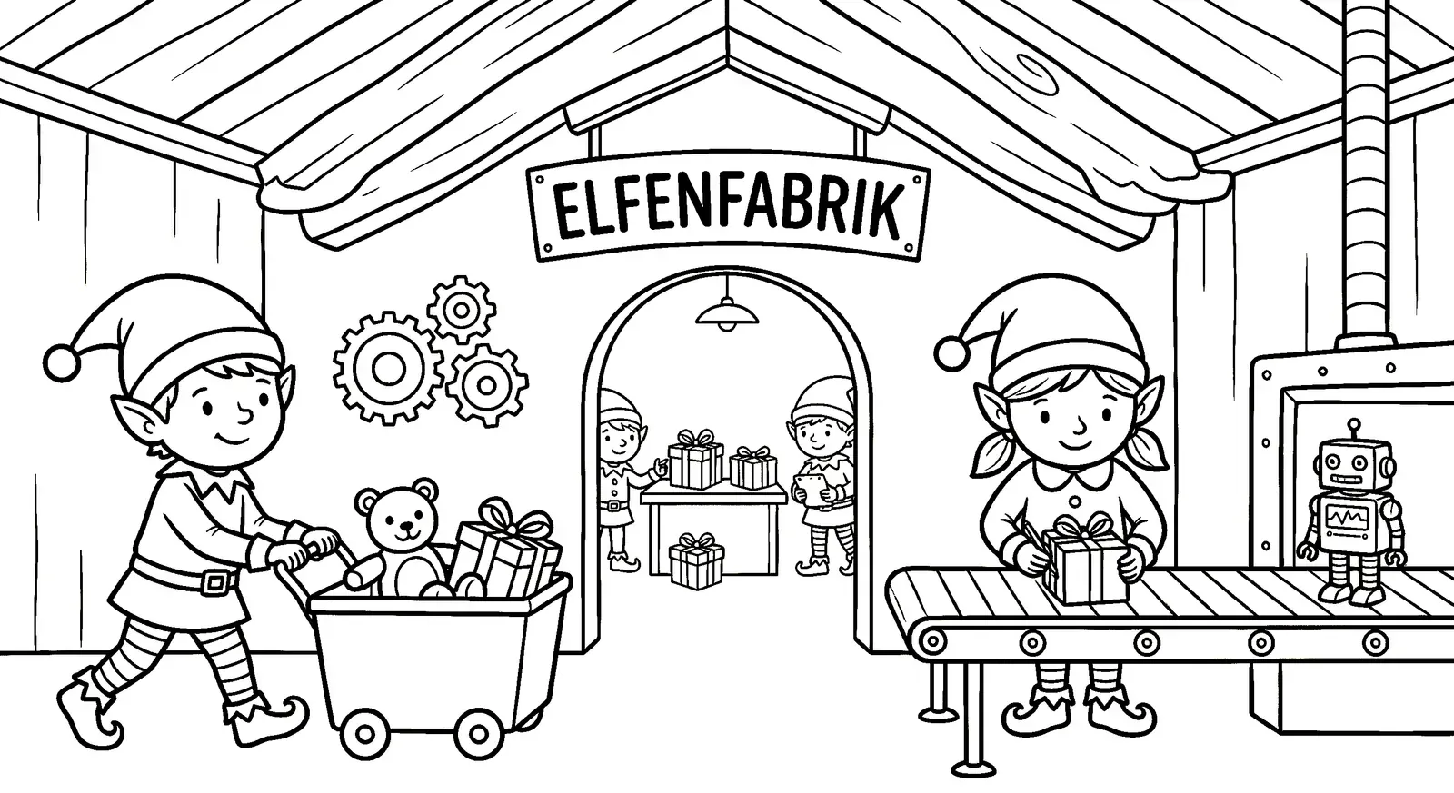 Elfenfabrik Ausmalbild - Kostenloses Weihnachtselfen Ausmalbild für Kinder zum Ausdrucken