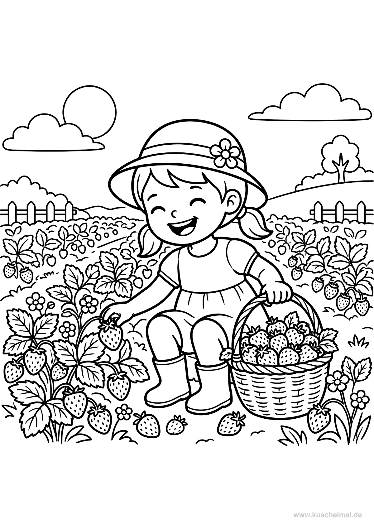 Raccolta delle Fragole in Estate - Disegno di Estate da colorare gratis per bambini da stampare
