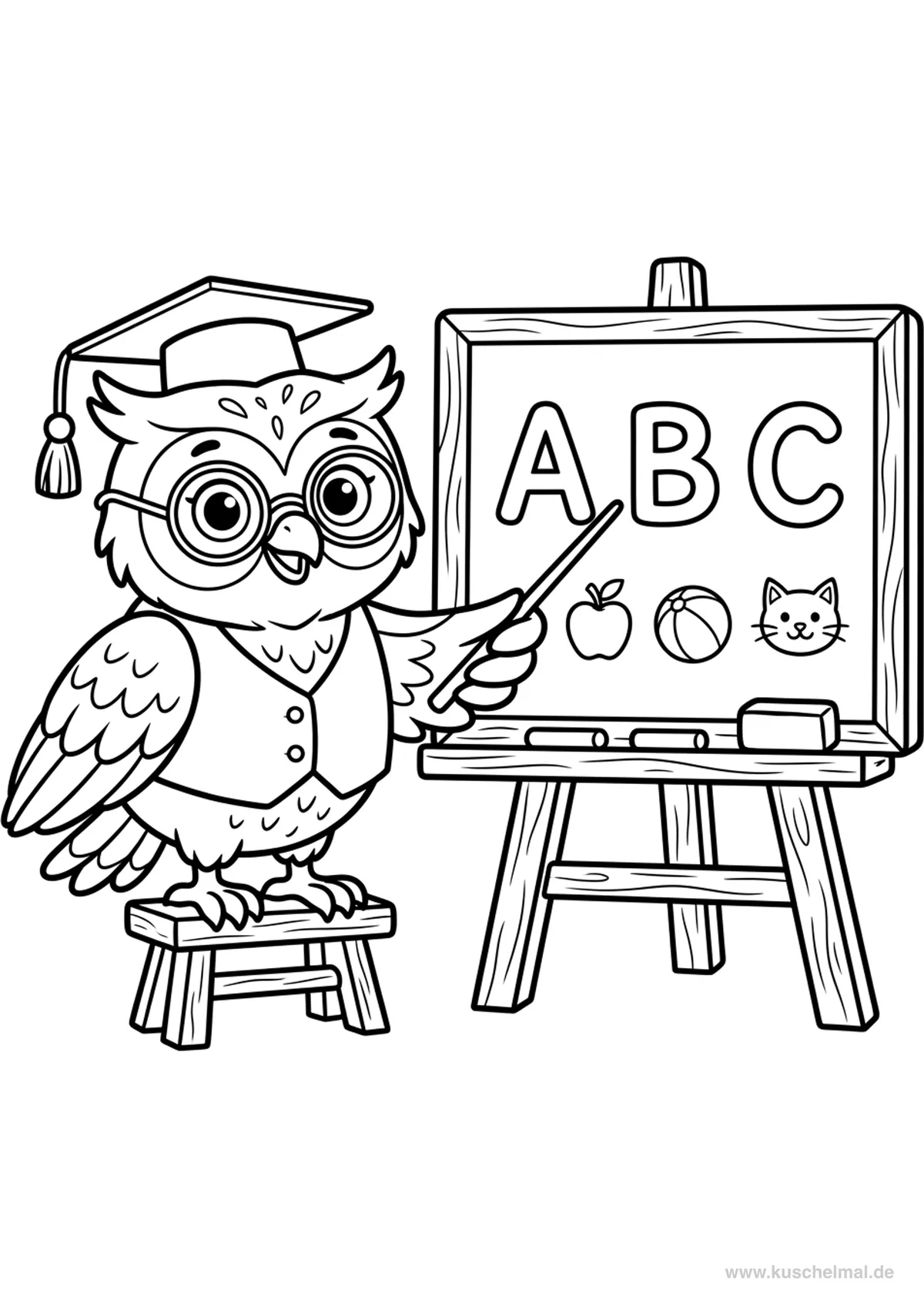 Gufo Maestra alla Lavagna - Disegno di Inizio Scuola da colorare gratis per bambini da stampare
