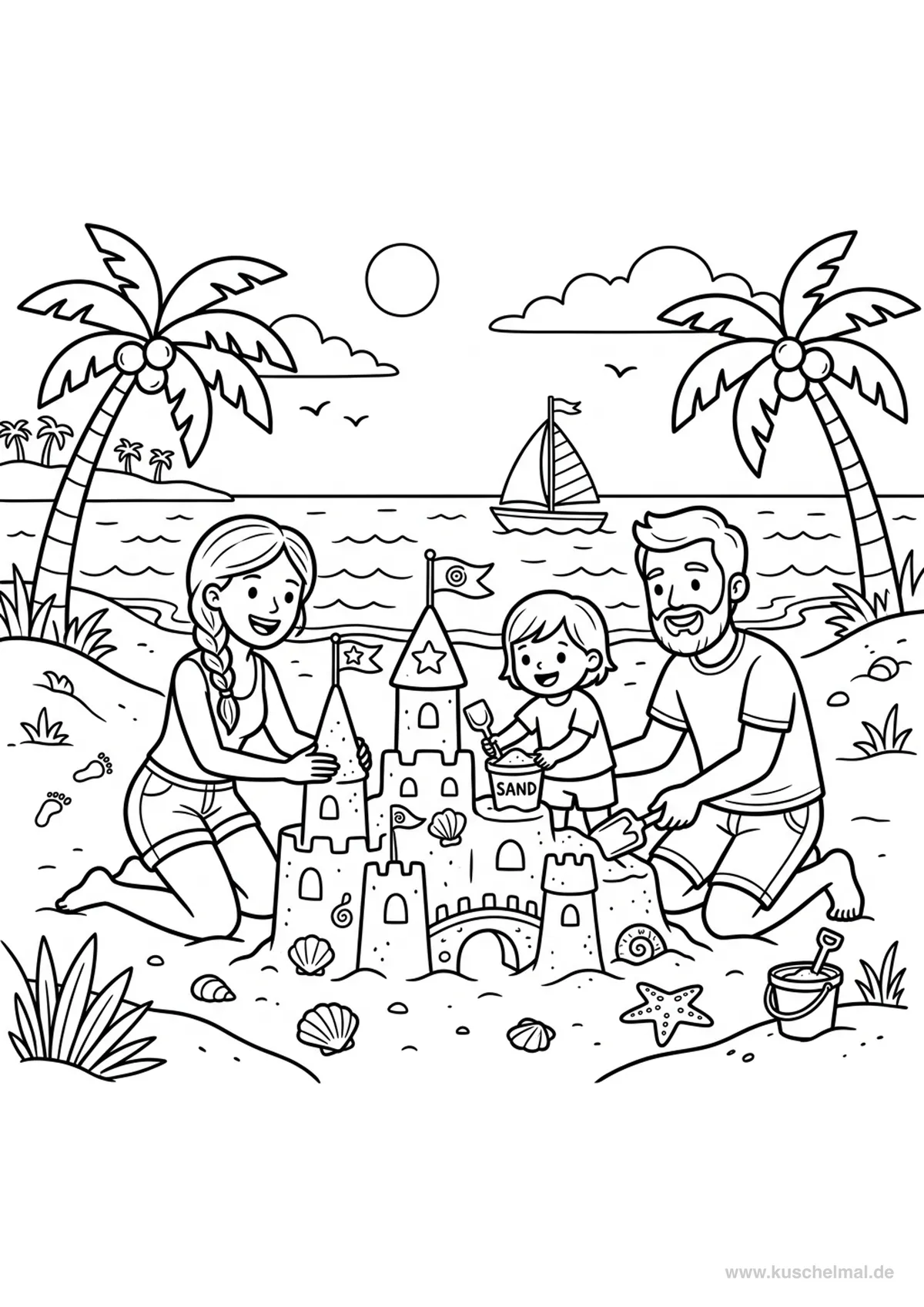 Famiglia Costruisce un Castello di Sabbia in Spiaggia - Disegno di Estate da colorare gratis per bambini da stampare