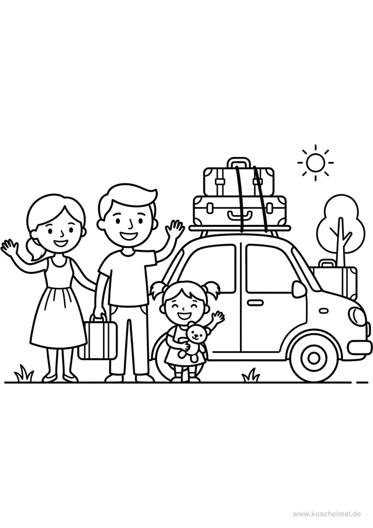 Familie fährt in den Pfingstferien in den Urlaub - Kostenloses Pfingsten Ausmalbild für Kinder zum Ausdrucken