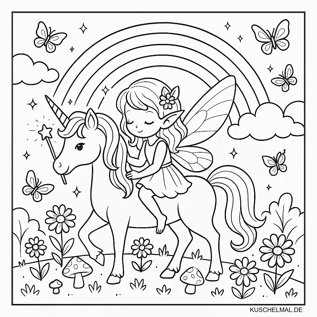 Fee mit Einhorn & Regenbogen  - Kostenloses Fantasy und Mythologie Ausmalbild für Kinder zum Ausdrucken