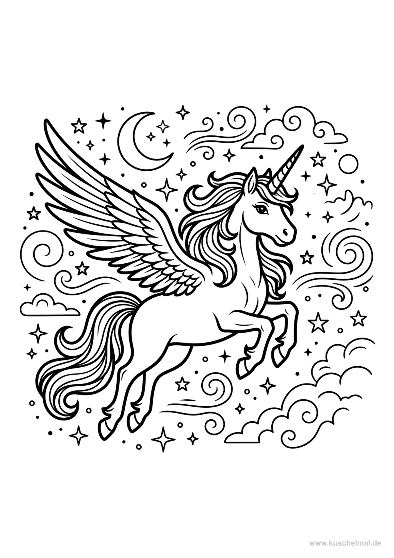 Fliegendes Einhorn mit Sternen - Kostenloses Einhorn Ausmalbild für Kinder zum Ausdrucken