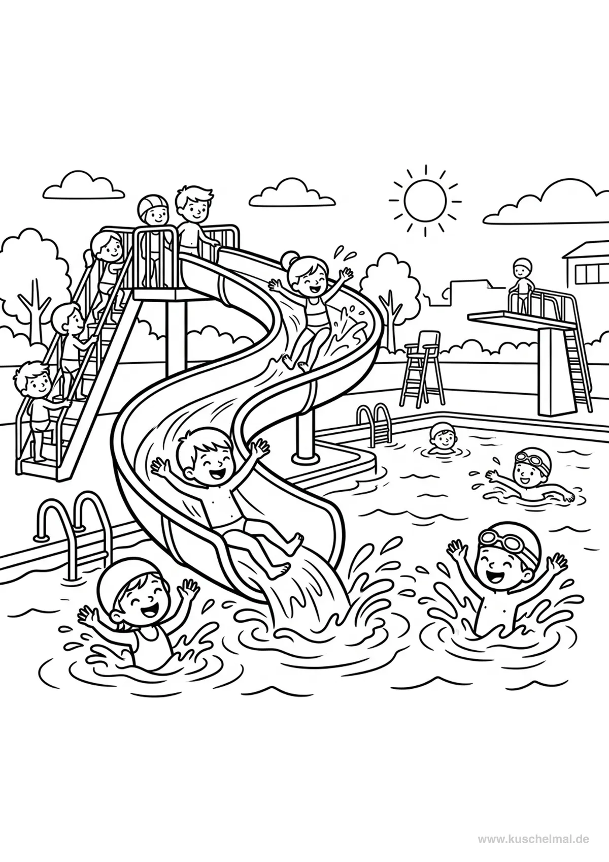 Scivolo della Piscina all'Aperto - Disegno di Estate da colorare gratis per bambini da stampare