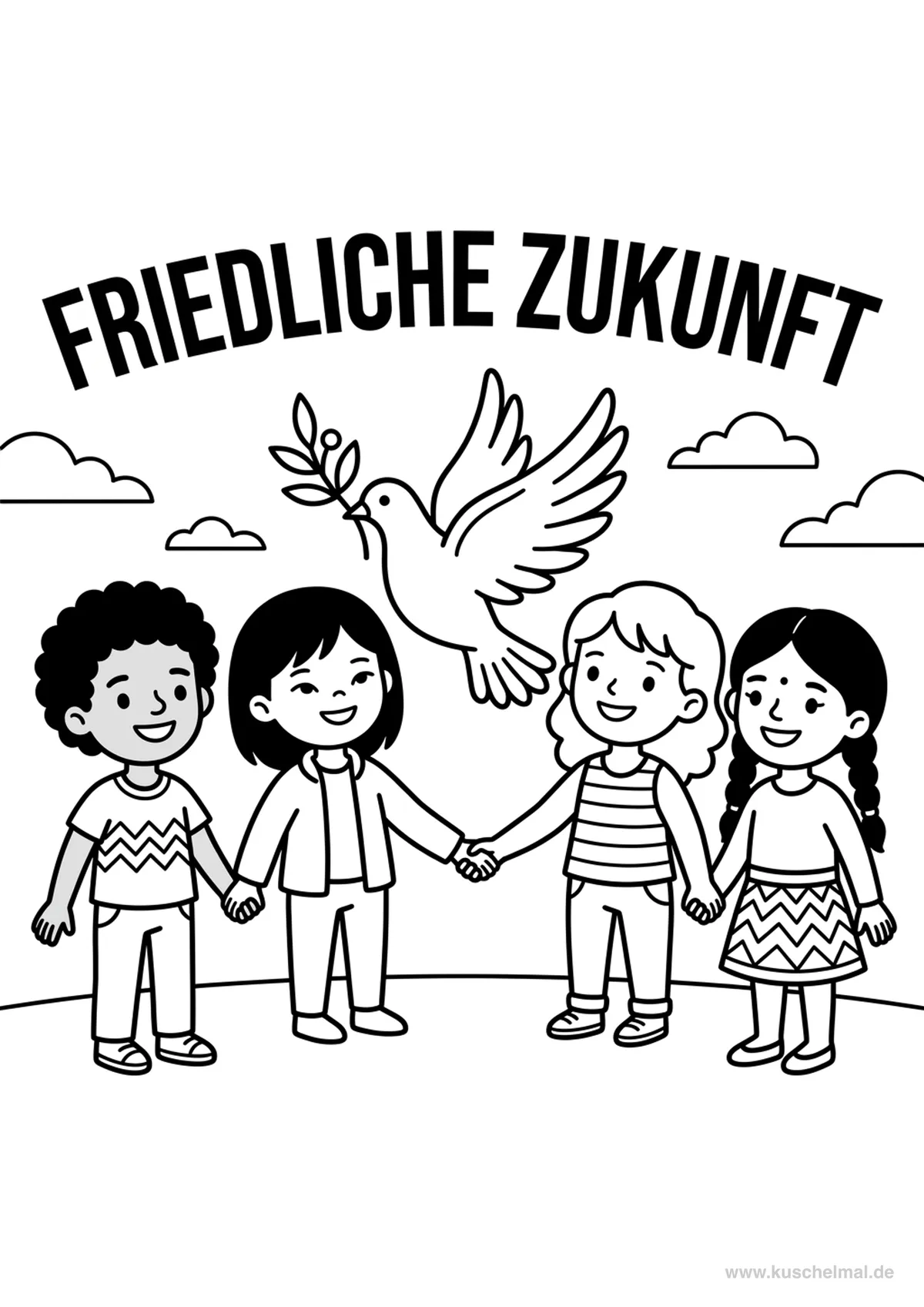 Friedliche Zukunft für alle Kinder - Kostenloses Internationaler Kindertag Ausmalbild für Kinder zum Ausdrucken
