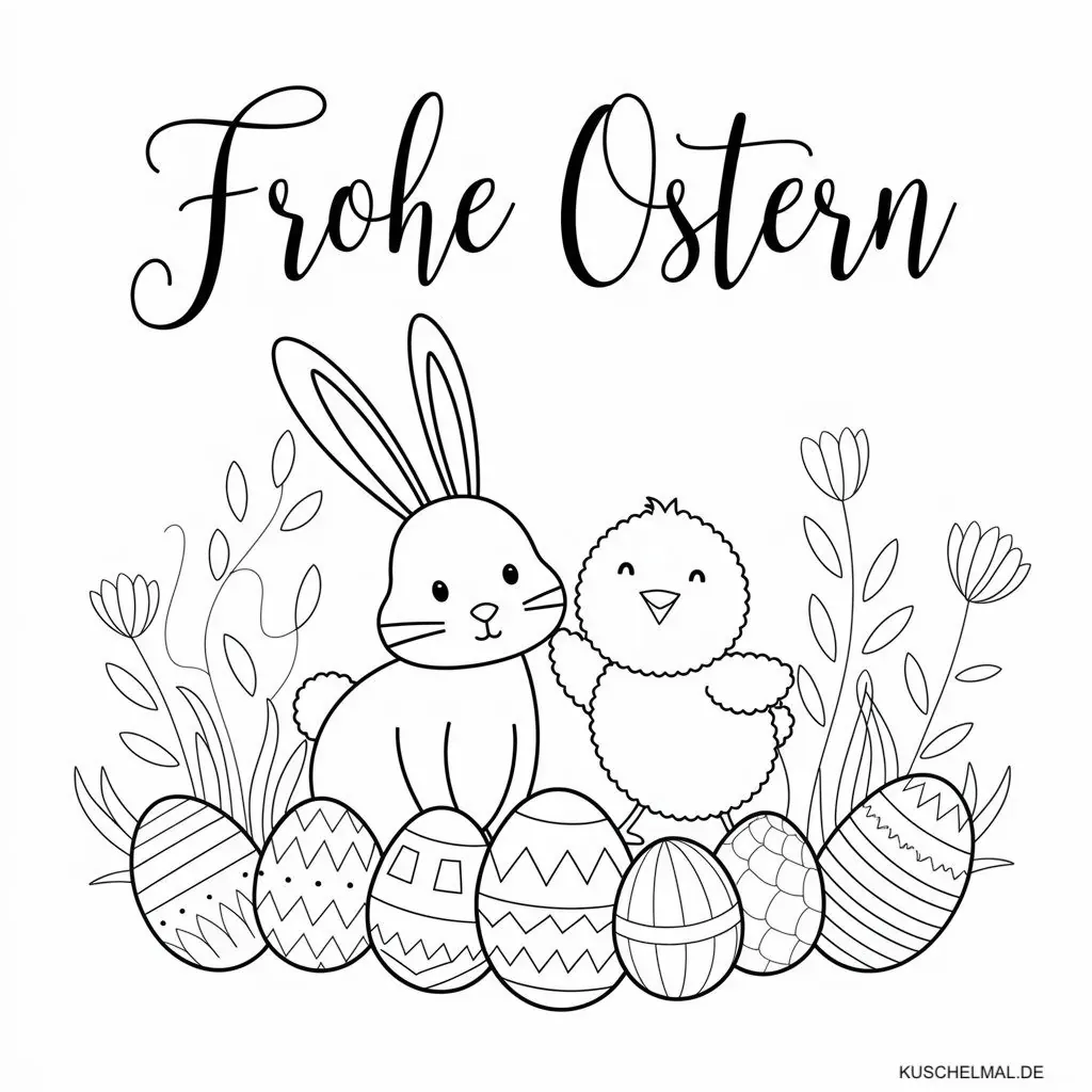Frohe Ostern Schriftzug Ausmalbild - Kostenloses Ostern Ausmalbild für Kinder zum Ausdrucken