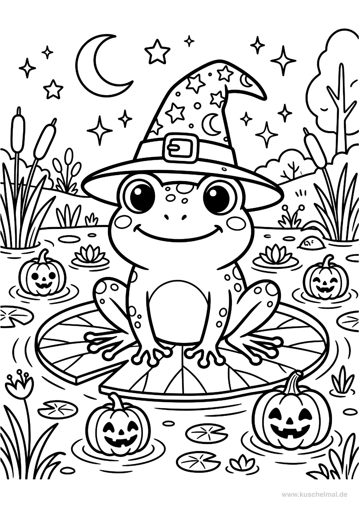 Frosch mit Hexenhut - Kostenloses Halloween Ausmalbild für Kinder zum Ausdrucken
