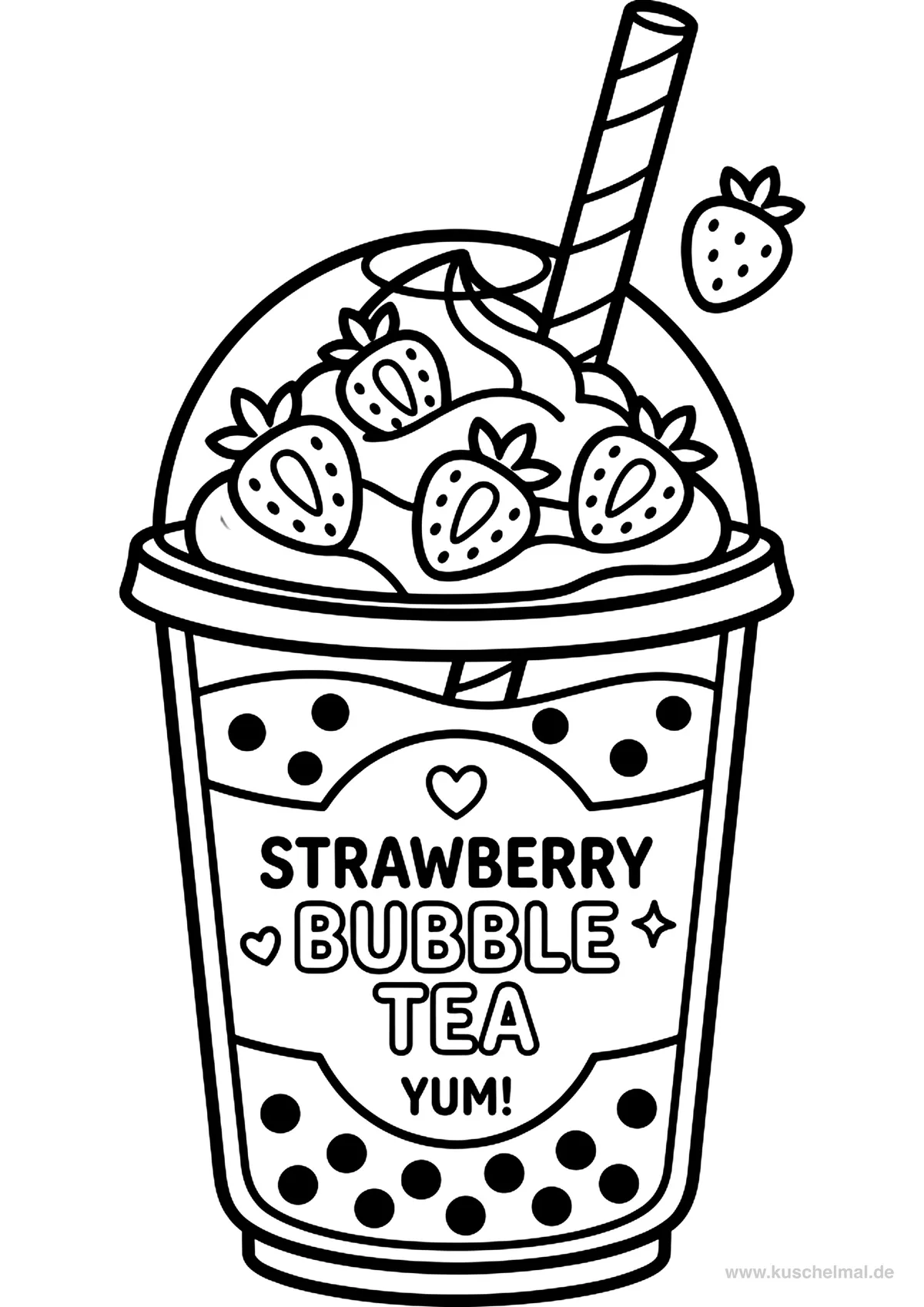 Fruchtiger Erdbeer Bubble Tea mit Sahne - Kostenloses Bubble Tea Ausmalbild für Kinder zum Ausdrucken