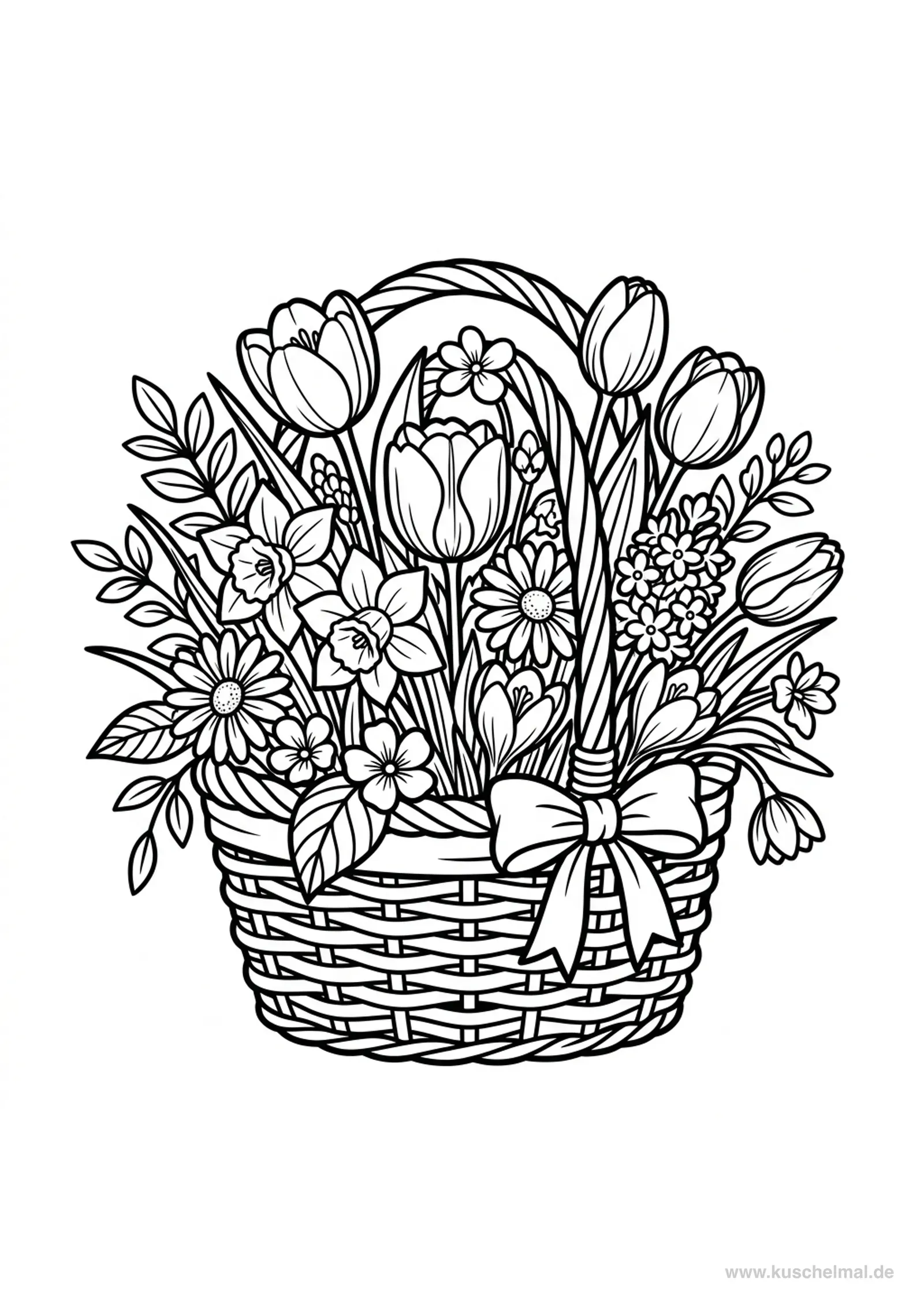 Frühlingsblumen im Korb - Kostenloses Frühling Ausmalbild für Kinder zum Ausdrucken