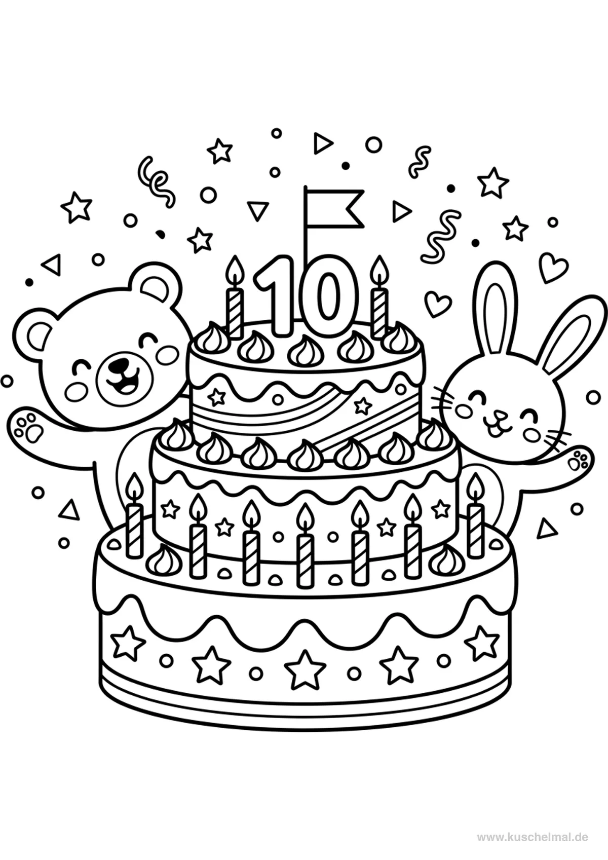 Torta di Compleanno con Animali - Disegno di Compleanno da colorare gratis per bambini da stampare