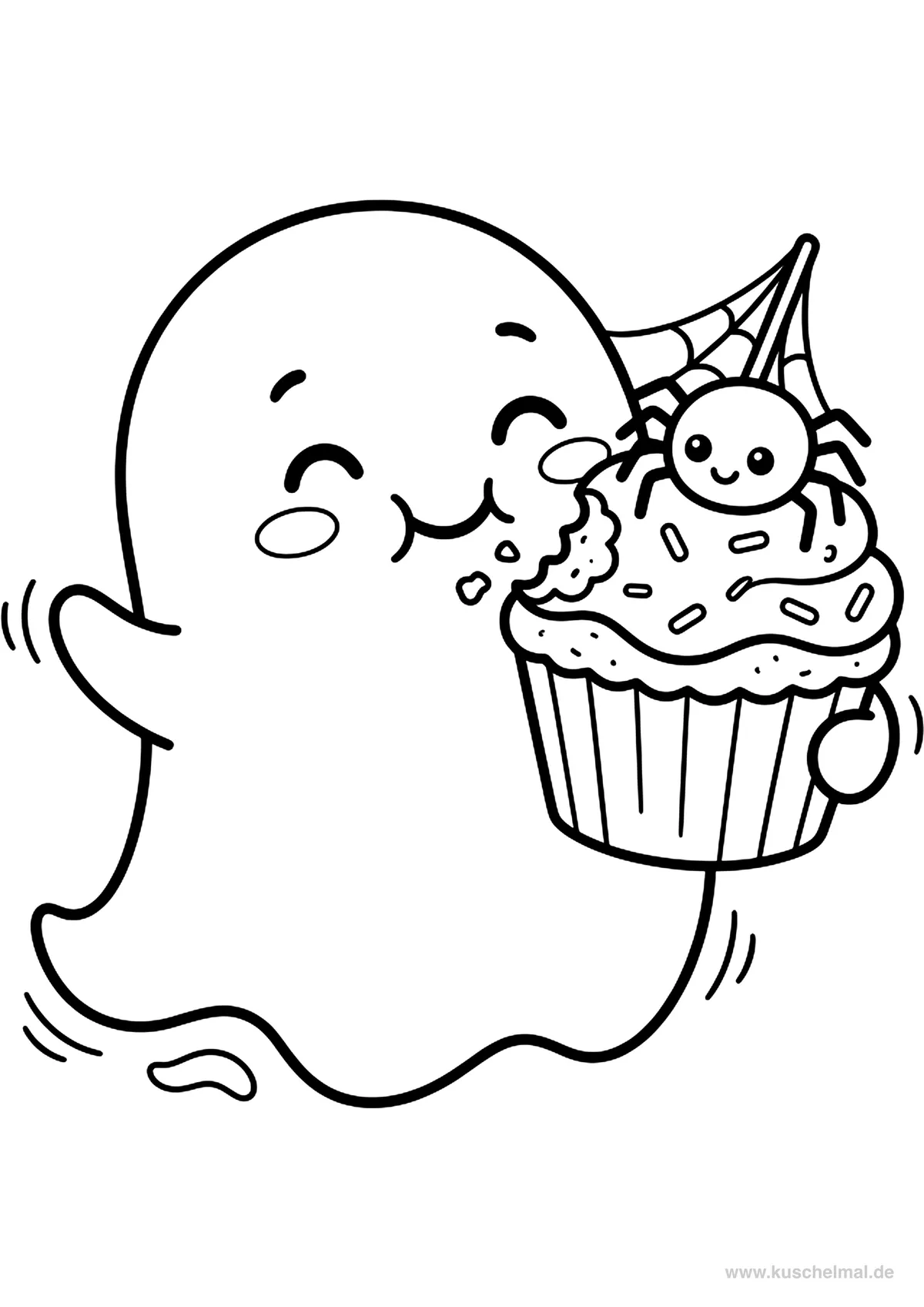 Geist mit Halloween-Kuchen - Kostenloses Halloween Ausmalbild für Kinder zum Ausdrucken