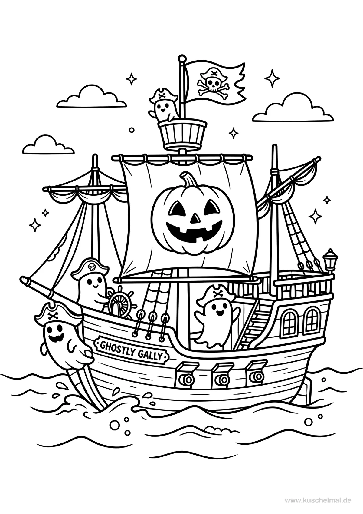 Geister-Piratenschiff - Kostenloses Halloween Ausmalbild für Kinder zum Ausdrucken