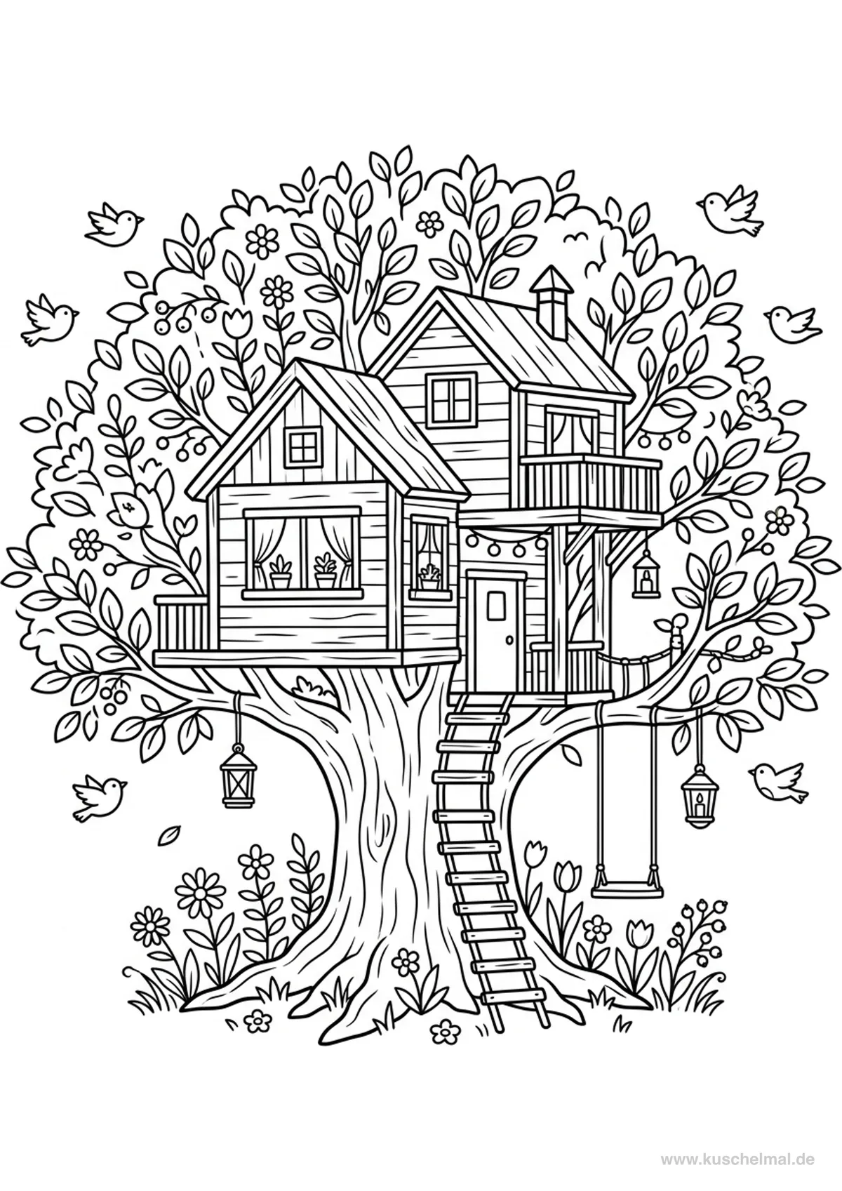 Gemuetliches Baumhaus - Kostenloses Sommer Ausmalbild für Kinder zum Ausdrucken