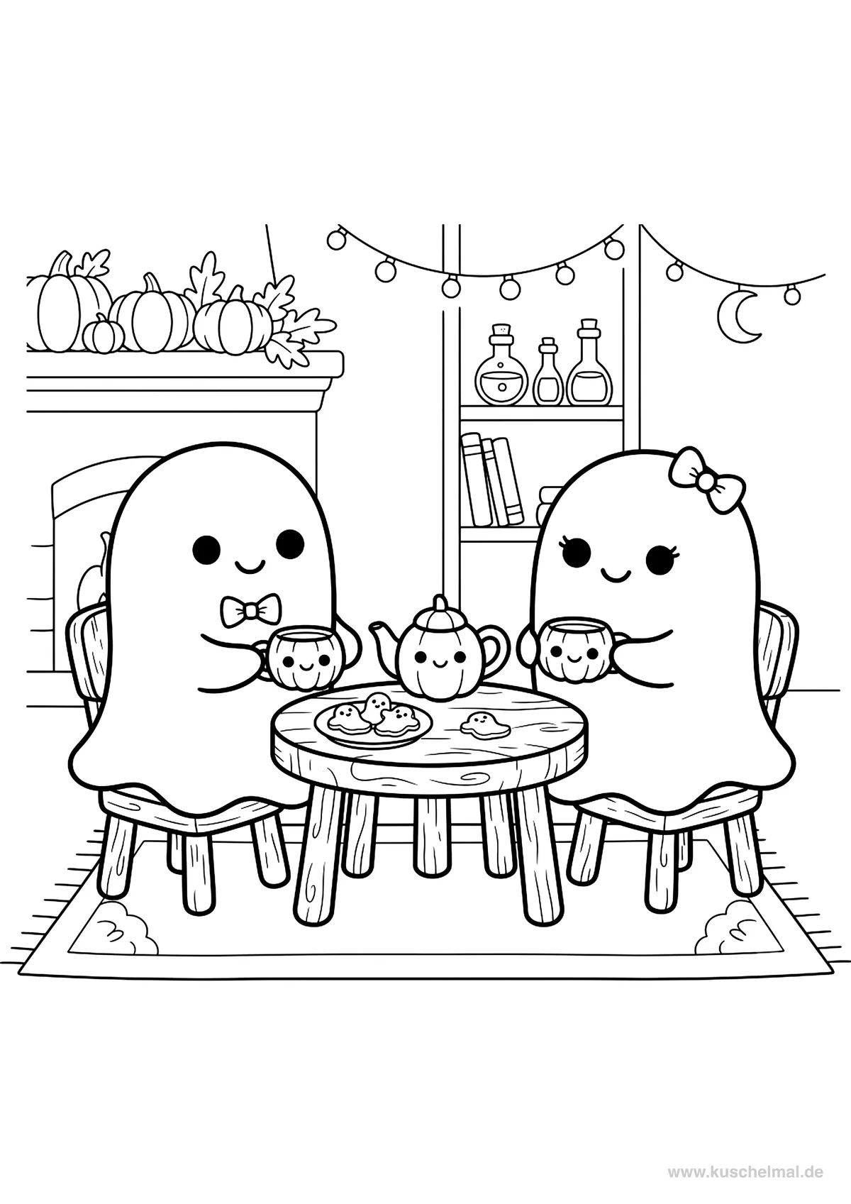 Tè dei Fantasmi - Disegno di Halloween da colorare gratis per bambini da stampare