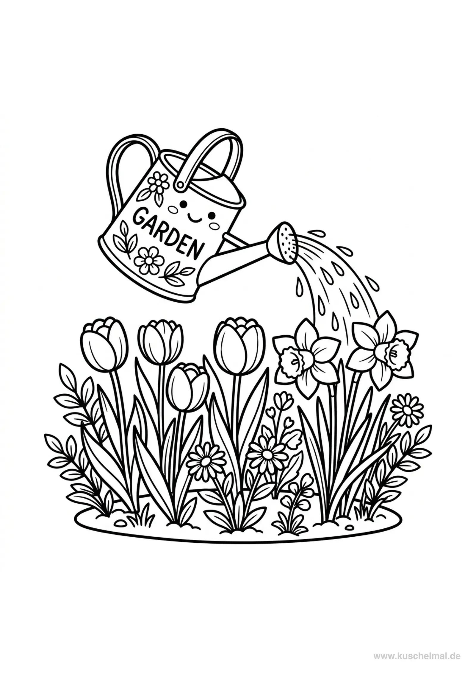 Gießkanne mit Frühlingsblumen - Kostenloses Frühling Ausmalbild für Kinder zum Ausdrucken