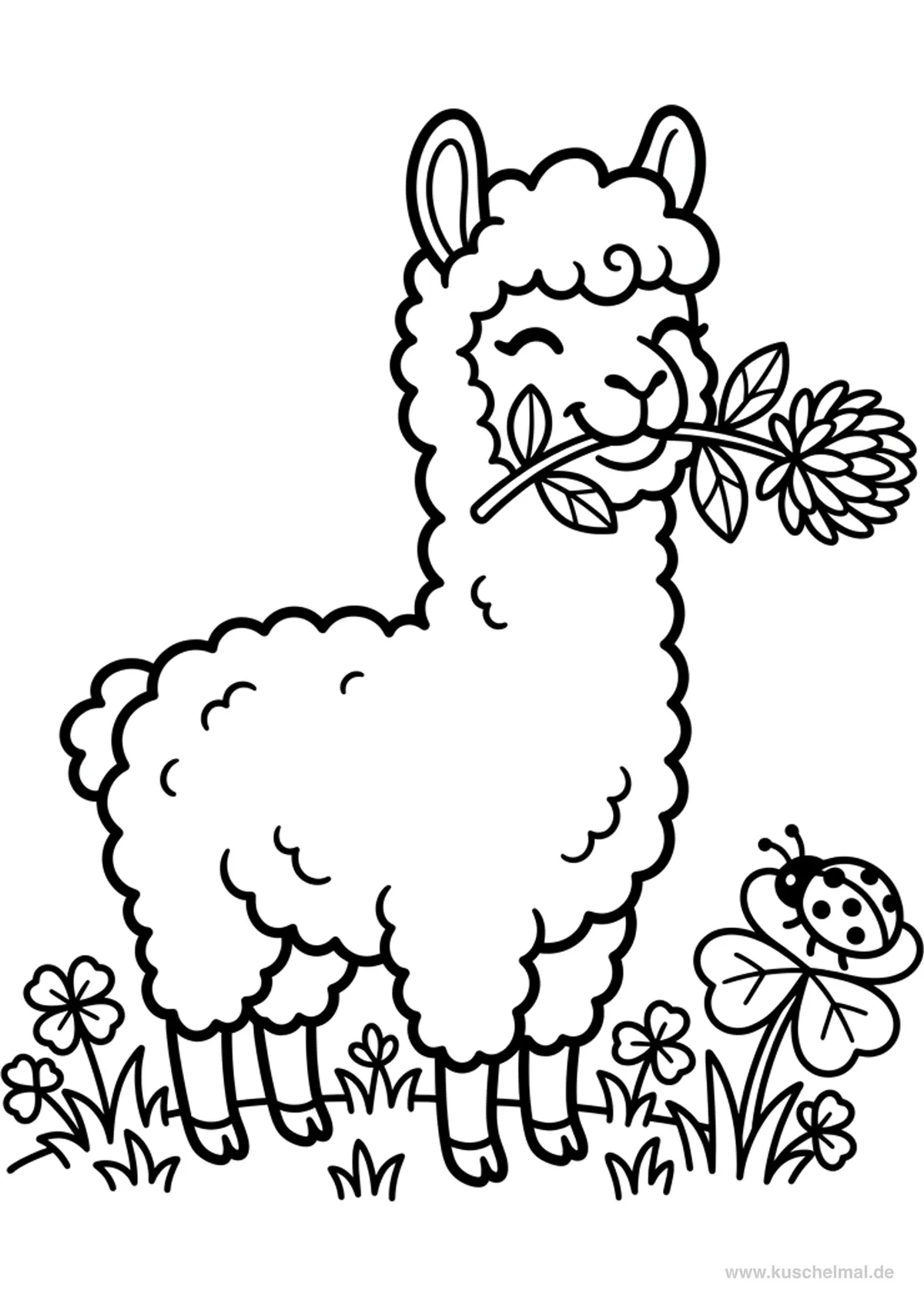 Alpaca Felice con Trifoglio - Disegno di Alpaca da colorare gratis per bambini da stampare