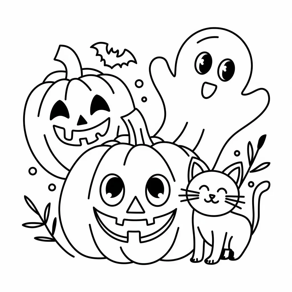 Halloween Geisterstunde Malvorlage - Kostenloses Herbst Ausmalbild für Kinder zum Ausdrucken