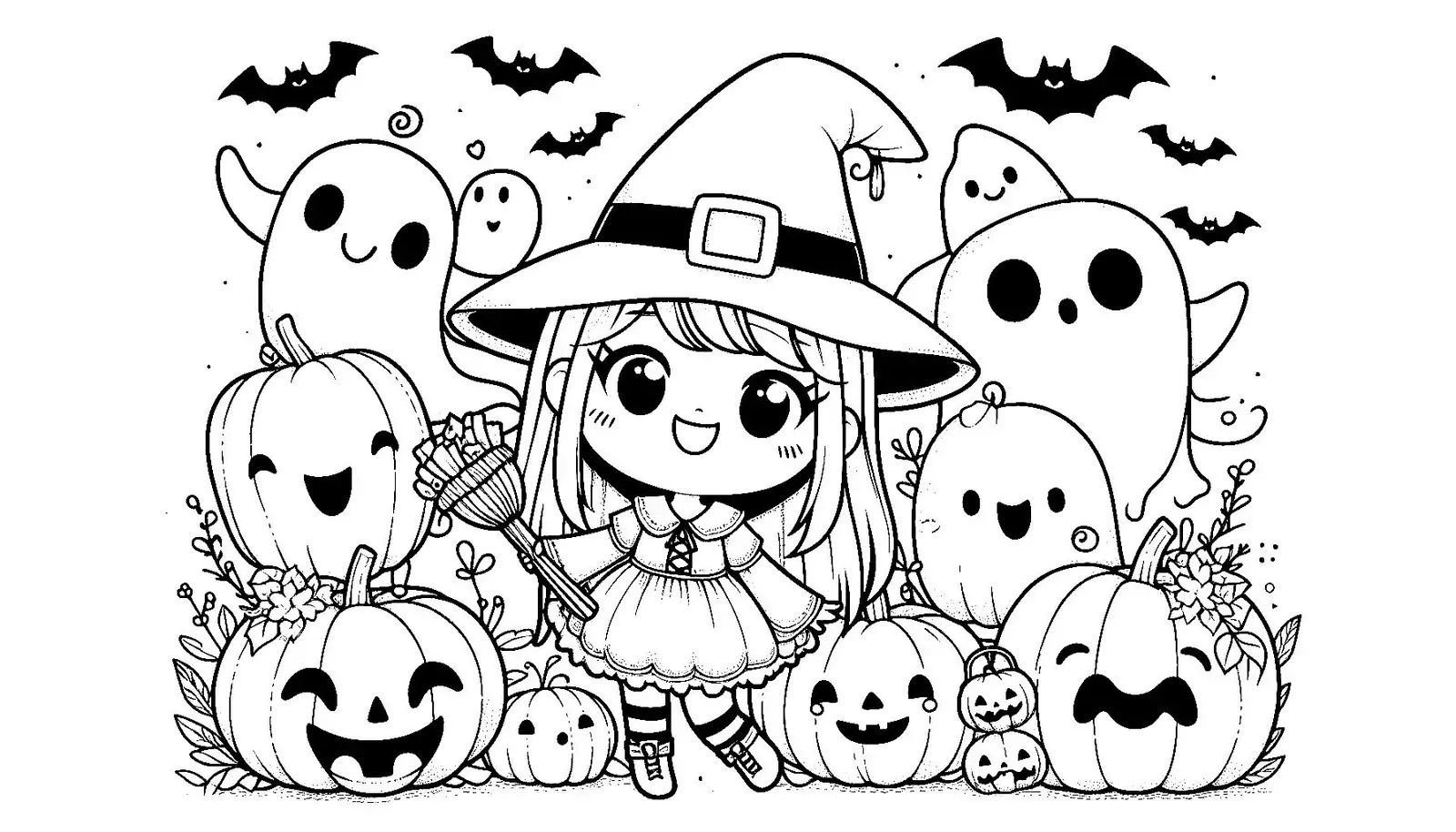 Hexe mit Zauberkessel Malvorlage - Kostenloses Herbst Ausmalbild für Kinder zum Ausdrucken