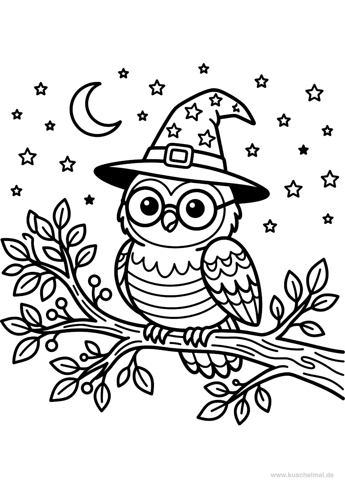 Gufo con Cappello da Strega - Disegno di Halloween da colorare gratis per bambini da stampare