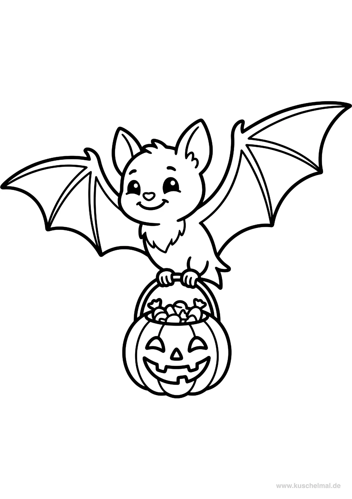 Pipistrello con Zucca - Disegno di Halloween da colorare gratis per bambini da stampare