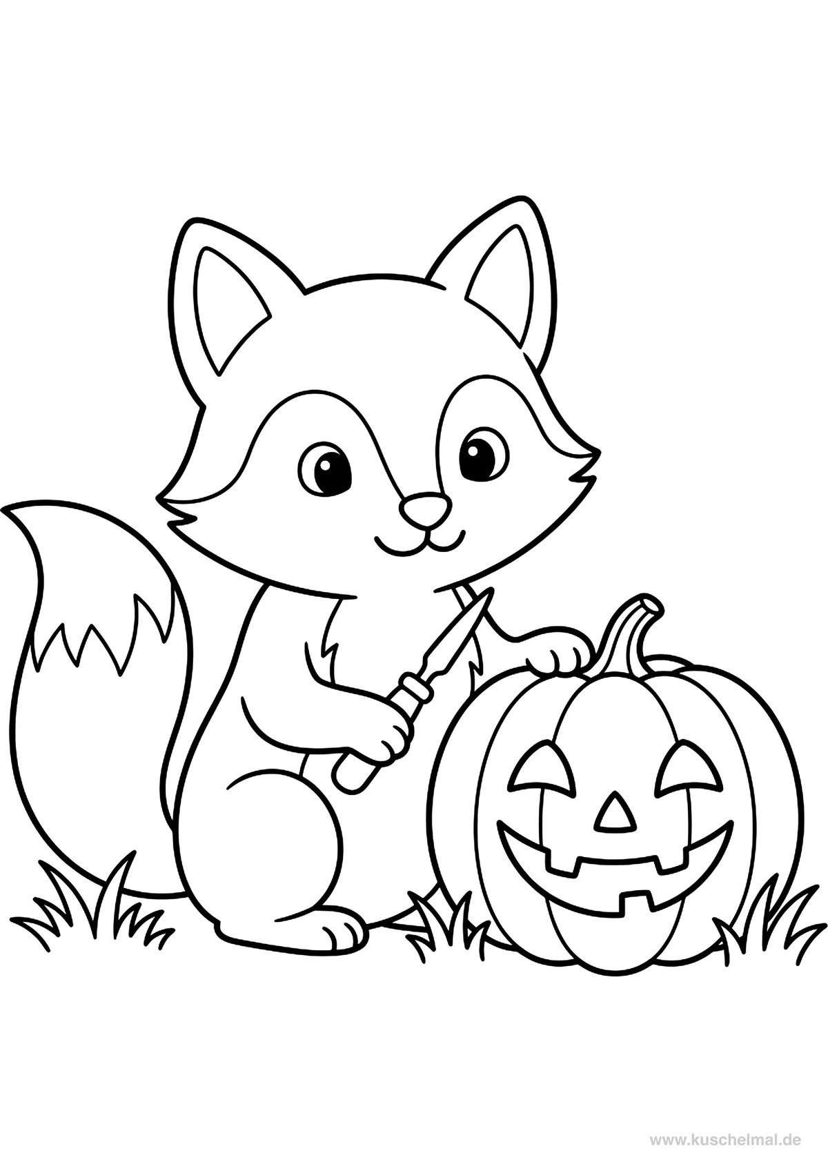 Halloween-Fuchs schnitzt einen Kürbis - Kostenloses Halloween Ausmalbild für Kinder zum Ausdrucken