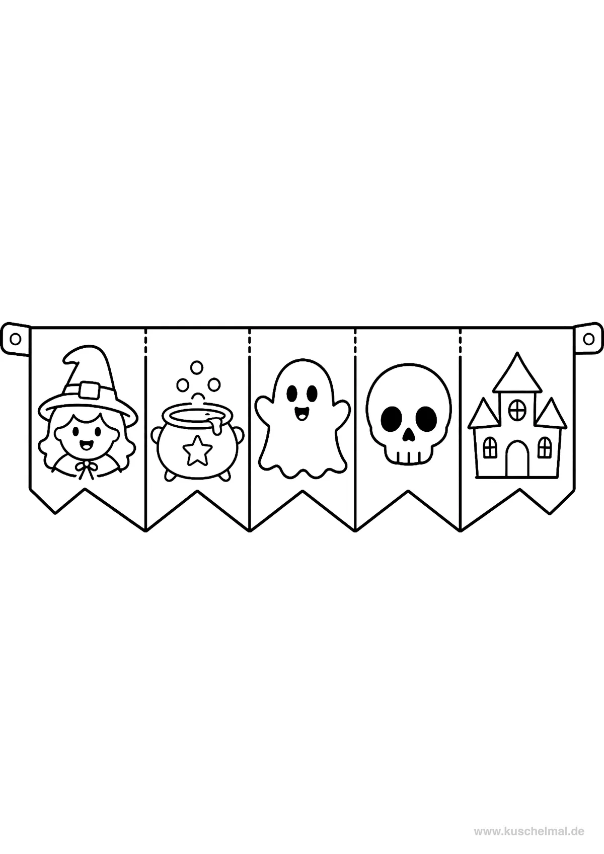 Ghirlanda di Halloween con Strega, Fantasma e Zucche - Disegno di Ghirlande di Halloween da colorare gratis per bambini da stampare