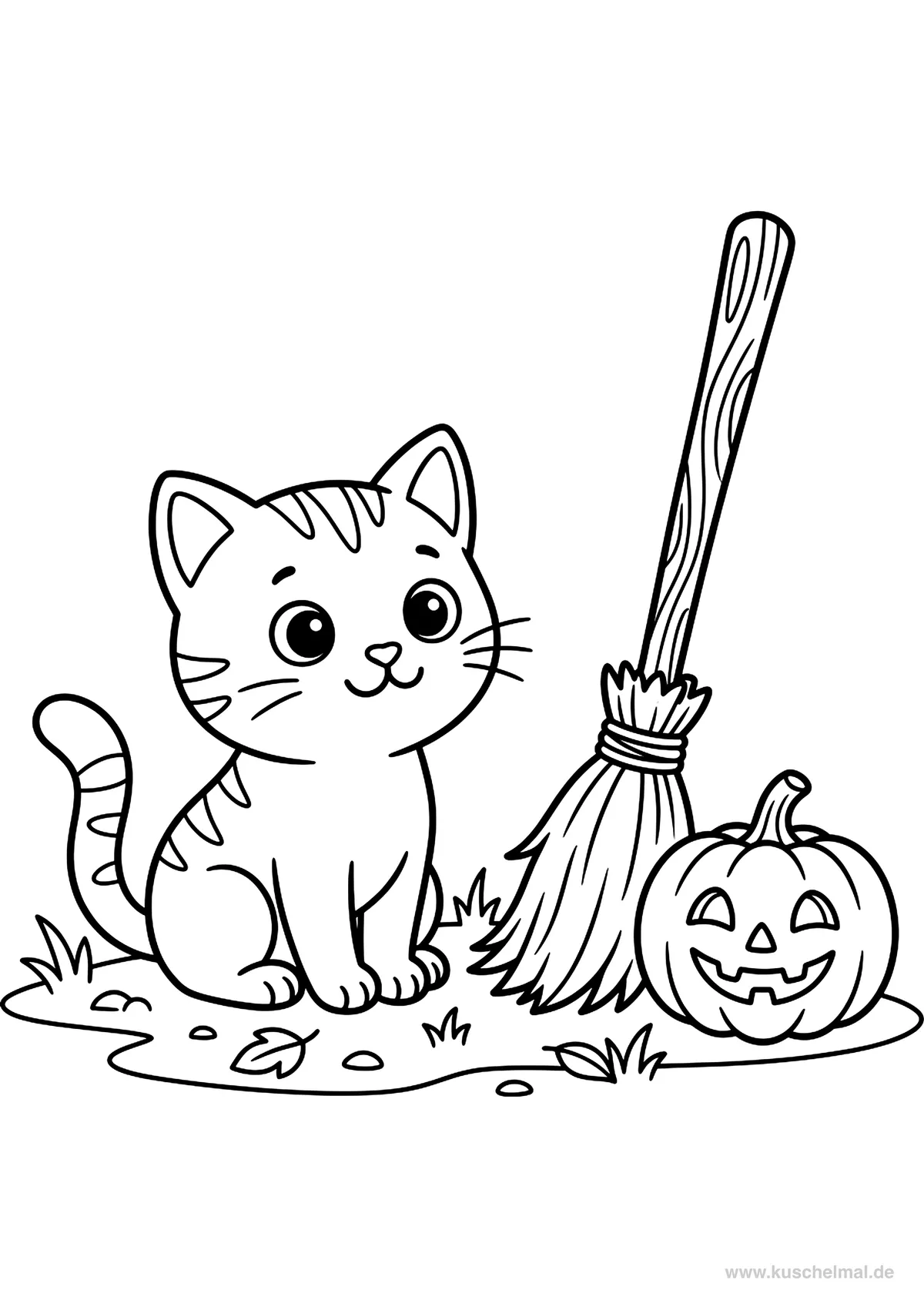 Gattino di Halloween con Scopa - Disegno di Halloween da colorare gratis per bambini da stampare