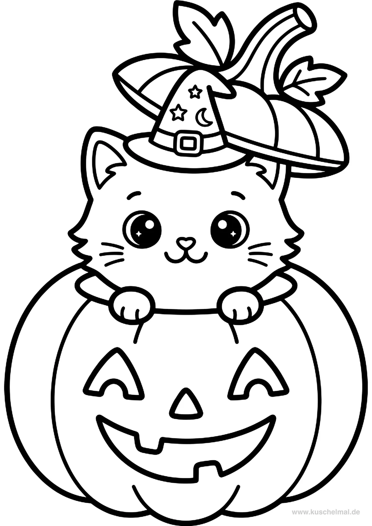 Gattino nella Zucca - Disegno di Halloween da colorare gratis per bambini da stampare